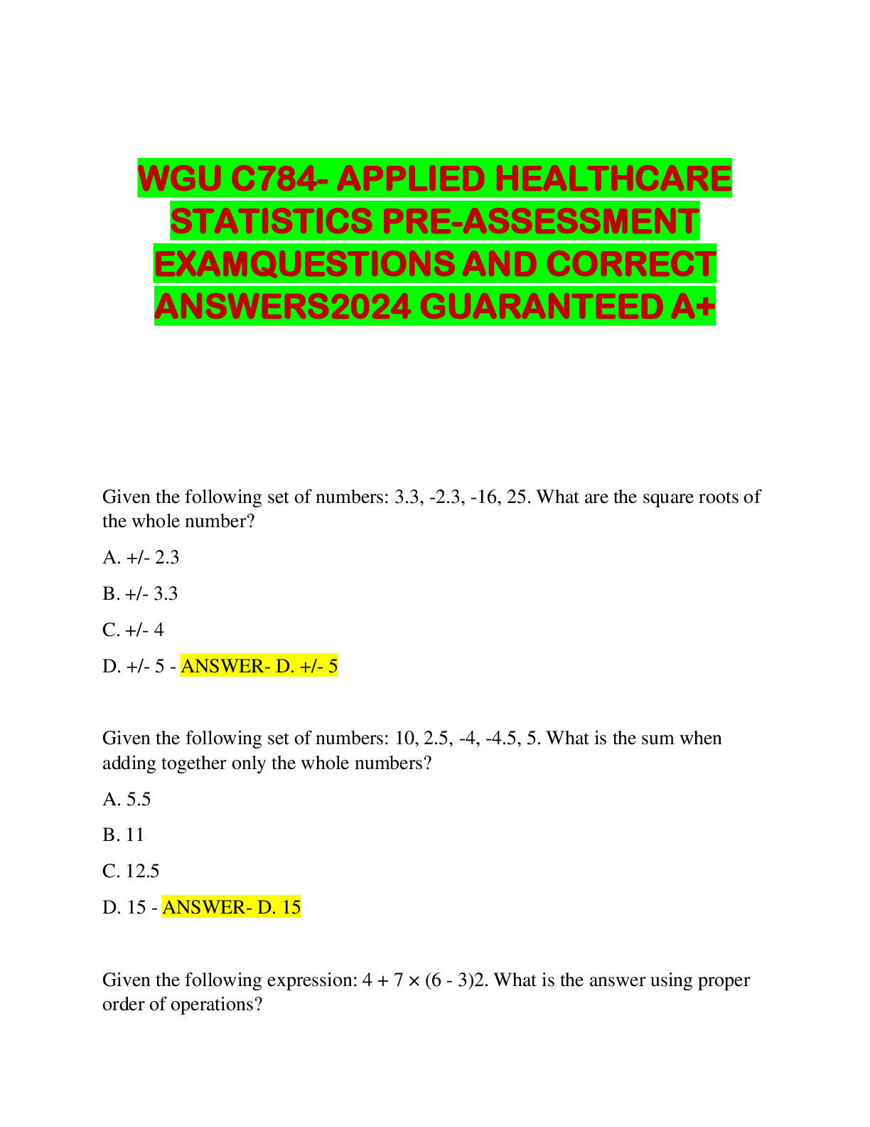 Preview image for WGU C784- APPLIED HEALTHCARE  STATISTICS PRE-ASSESSMENT  EXAM QUESTIONS AND CORRECT  ANSWERS 2024 GUARANTEED A+