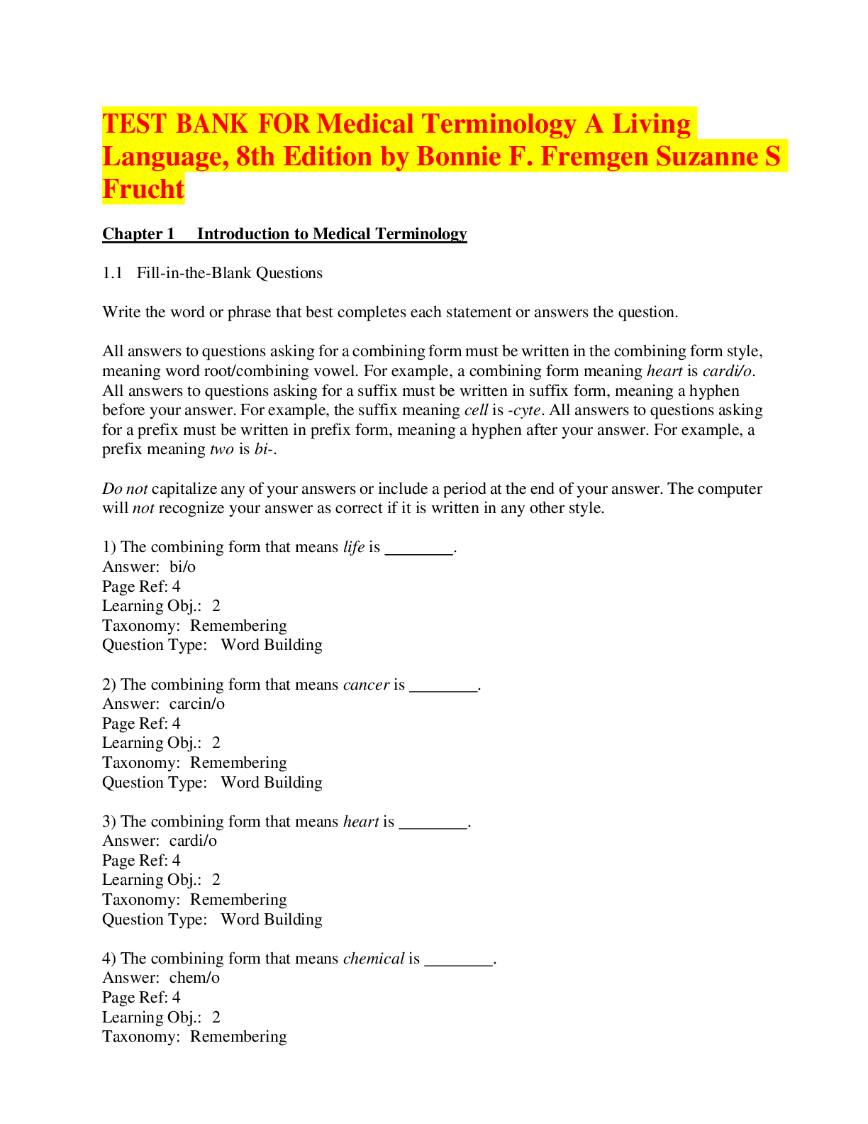 Preview image for TEST BANK FOR Medical Terminology A Living Language, 8th Edition by Bonnie F. Fremgen Suzanne S Frucht A+