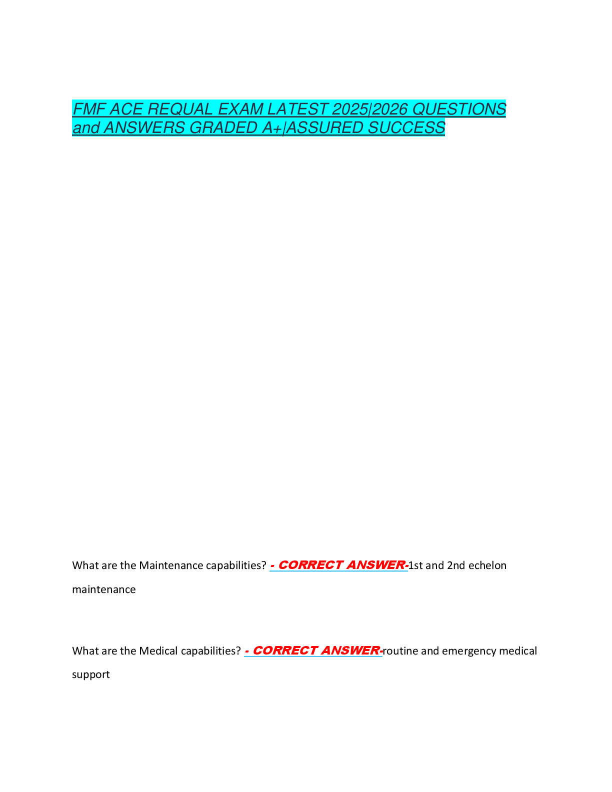 Preview of FMF ACE REQUAL EXAM LATEST 2025|2026 QUESTIONS  and ANSWERS GRADED A+|ASSURED SUCCESS