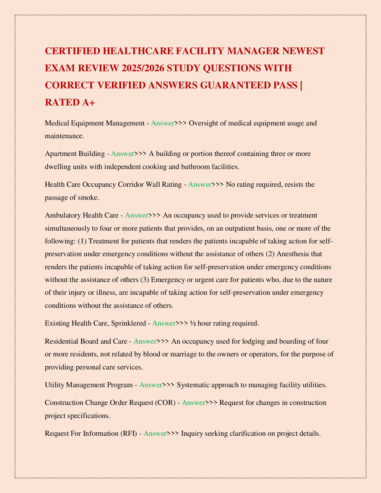 CERTIFIED HEALTHCARE FACILITY MANAGER NEWEST EXAM REVIEW 2025/2026 STUDY QUESTIONS WITH CORRECT VERIFIED ANSWERS GUARANTEED PASS | RATED A+