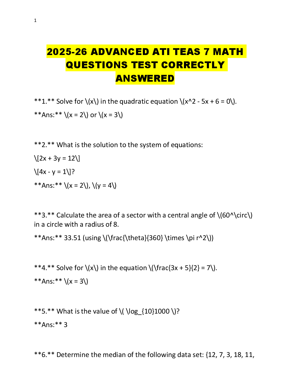Preview image for ATI TEAS 7 MATH  QUESTIONS TEST CORRECTLY  ANSWERED