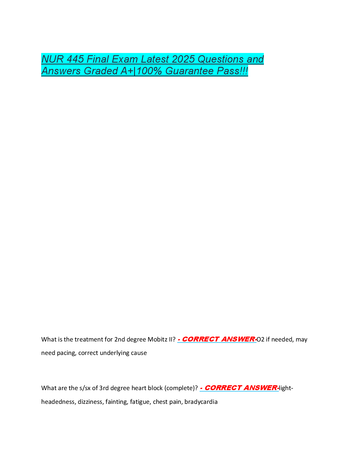 Recommended document preview for NUR 445 Final Exam Latest 2025 Questions and  Answers Graded A+|100% Guarantee Pass!!!
