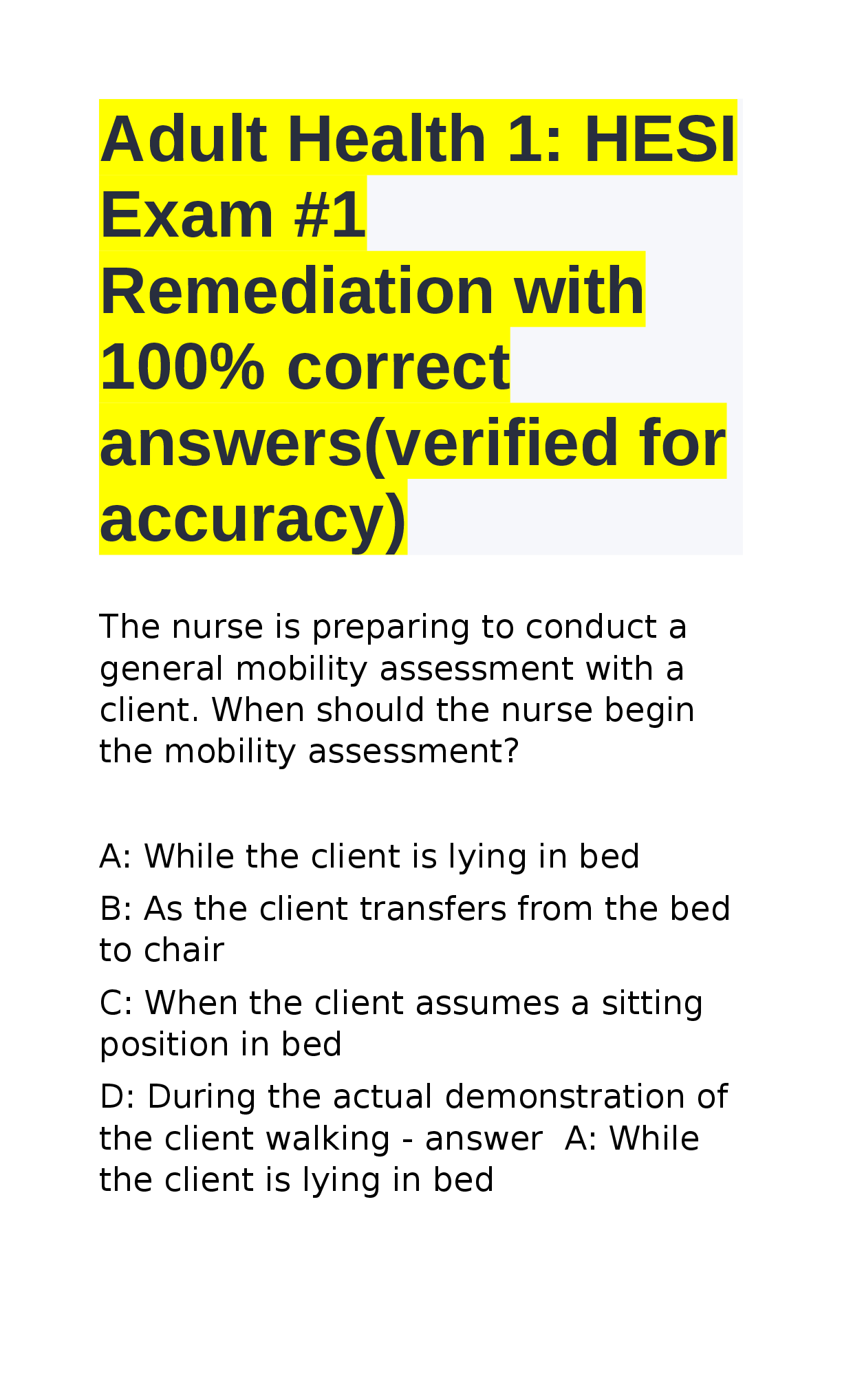 Preview image for Adult Health 1 HESI Exam #1 Remediation with 100% correct answers(verified for accuracy)