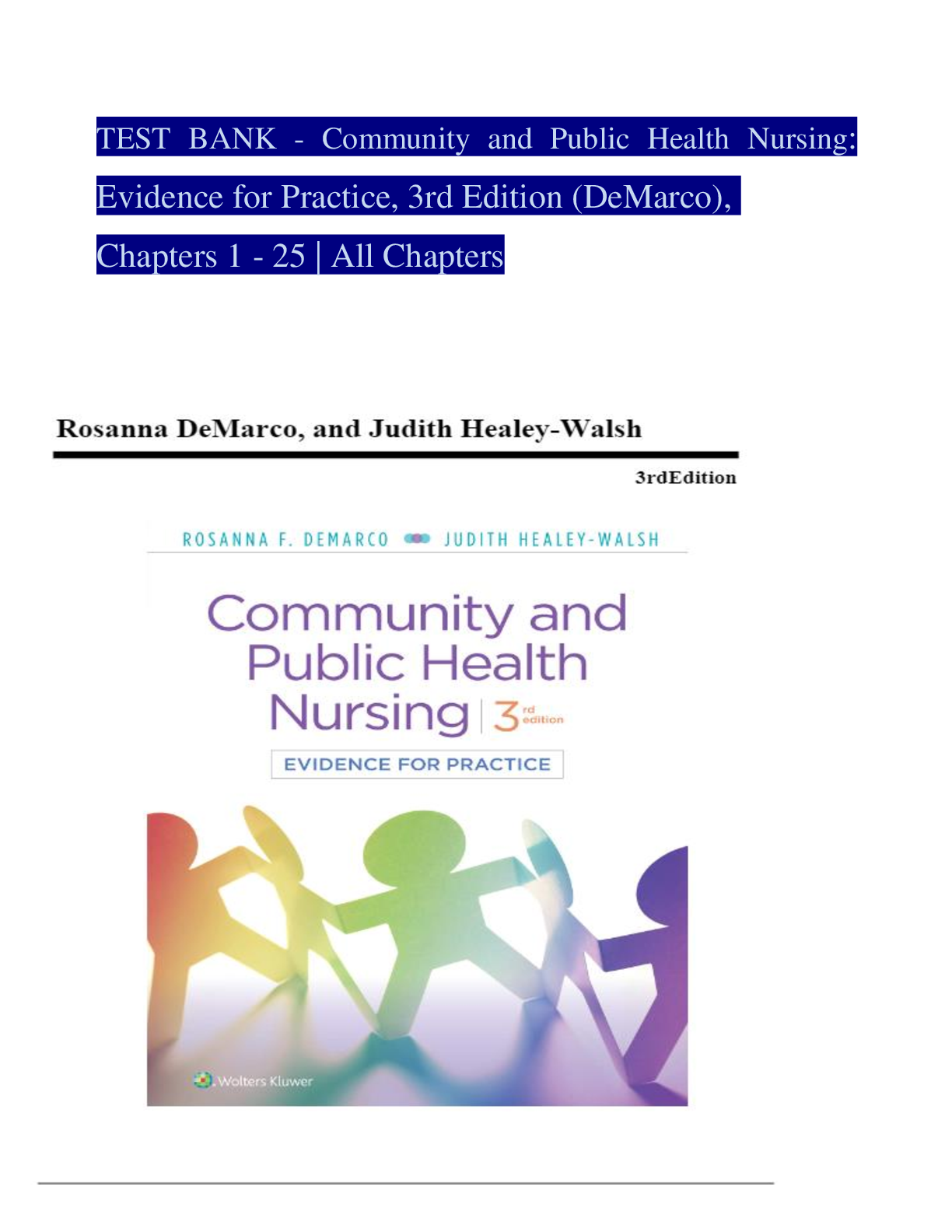 TEST BANK - Community and Public Health Nursing: Evidence for Practice, 3rd Edition (DeMarco), Chapters 1 - 25 A+