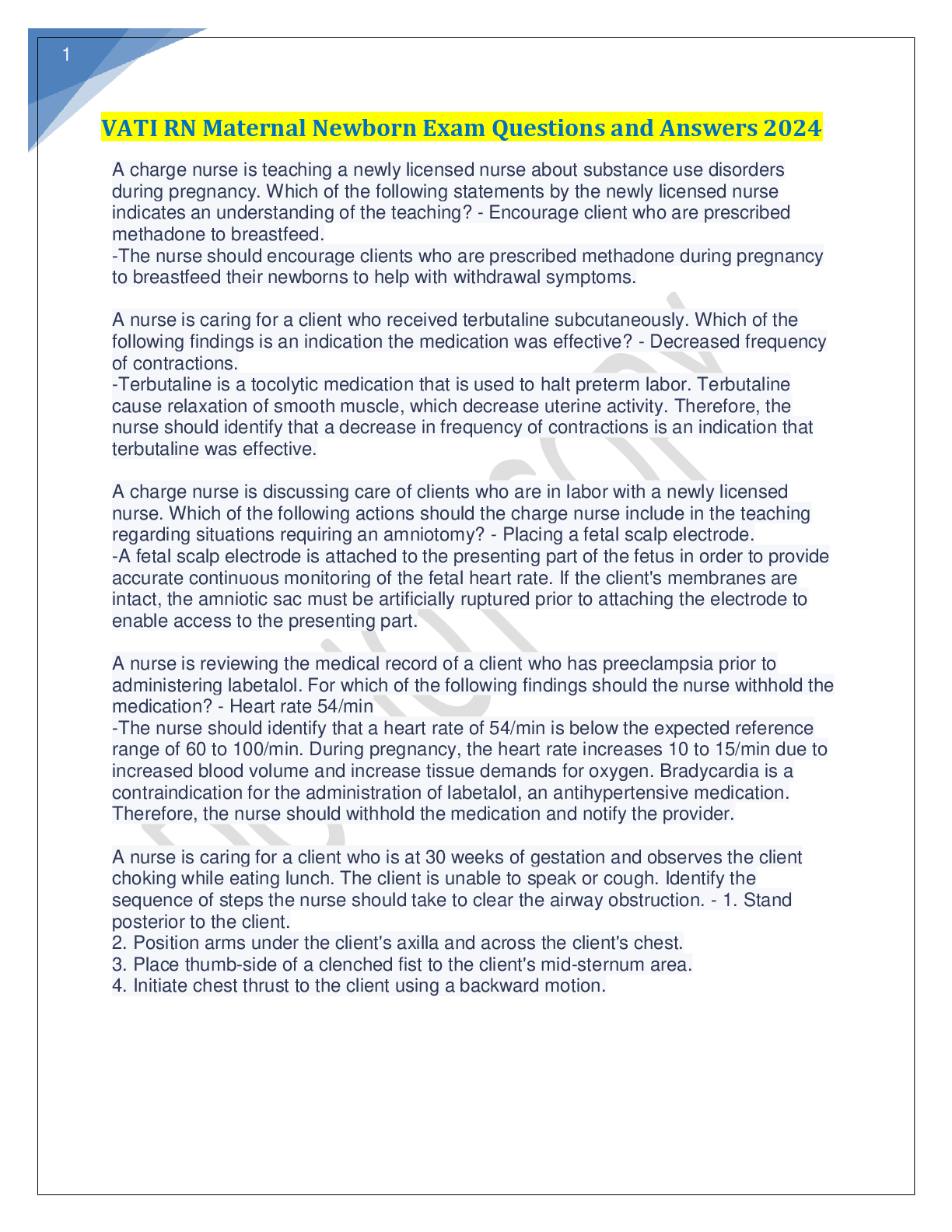 Preview image for VATI RN Maternal Newborn Exam Questions and Answers 2024.pdf