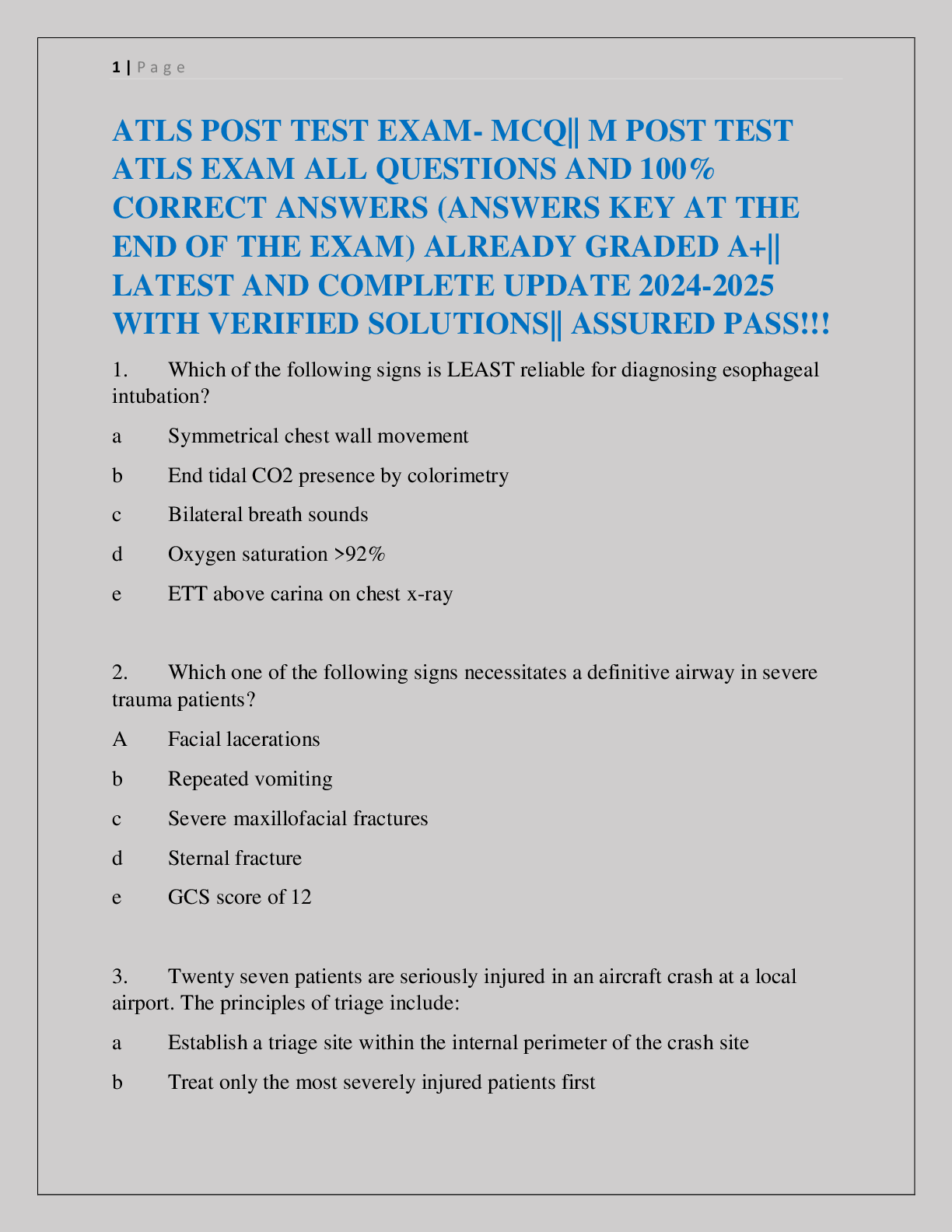 ATLS POST TEST EXAM- MCQ|| M POST TEST ATLS EXAM ALL QUESTIONS AND 100% CORRECT ANSWERS (ANSWERS KEY AT THE END OF THE EXAM) ALREADY GRADED A+