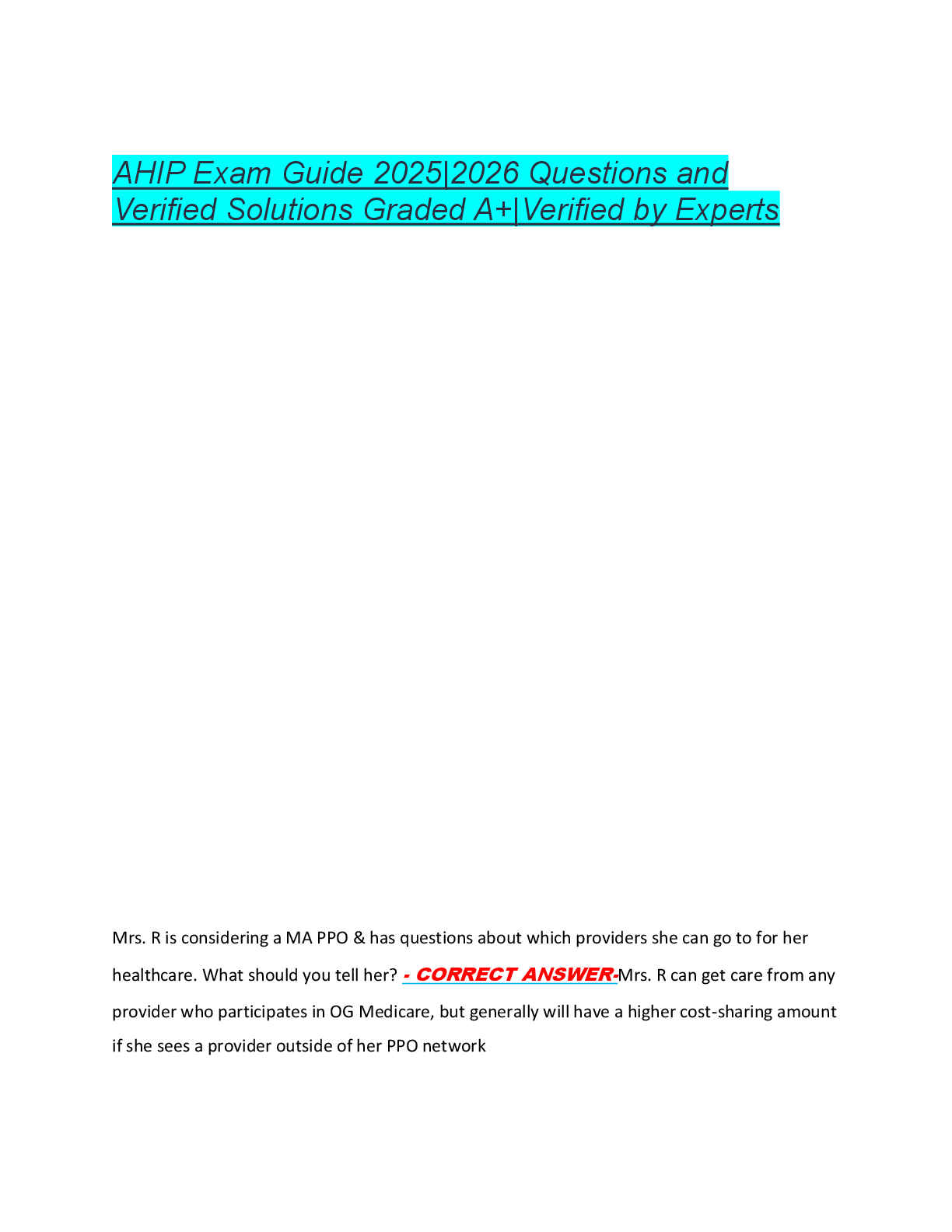 AHIP Exam Guide 2025|2026 Questions and  Verified Solutions Graded A+|Verified by Experts
