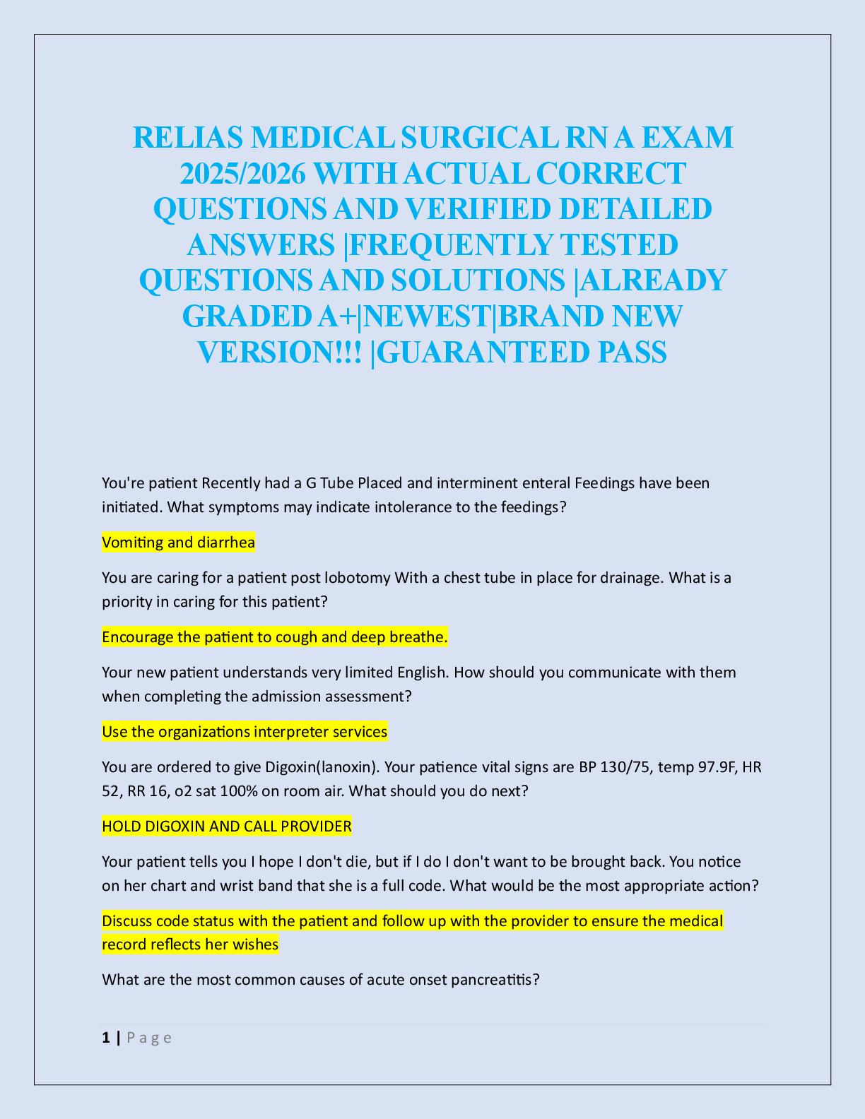 Preview image for RELIAS MEDICAL SURGICAL RN A EXAM  2025/2026