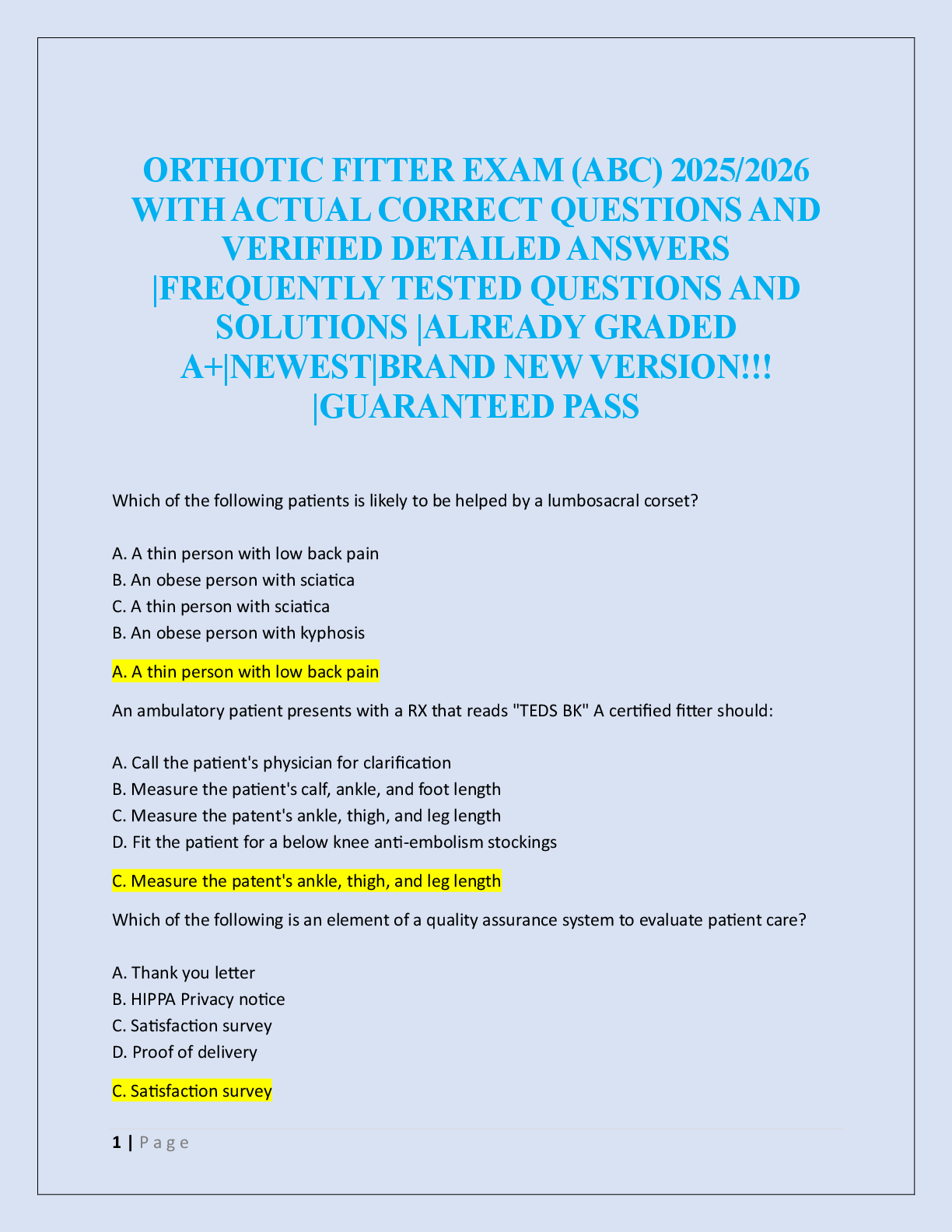 Preview image for ORTHOTIC FITTER EXAM (ABC) 2025/2026