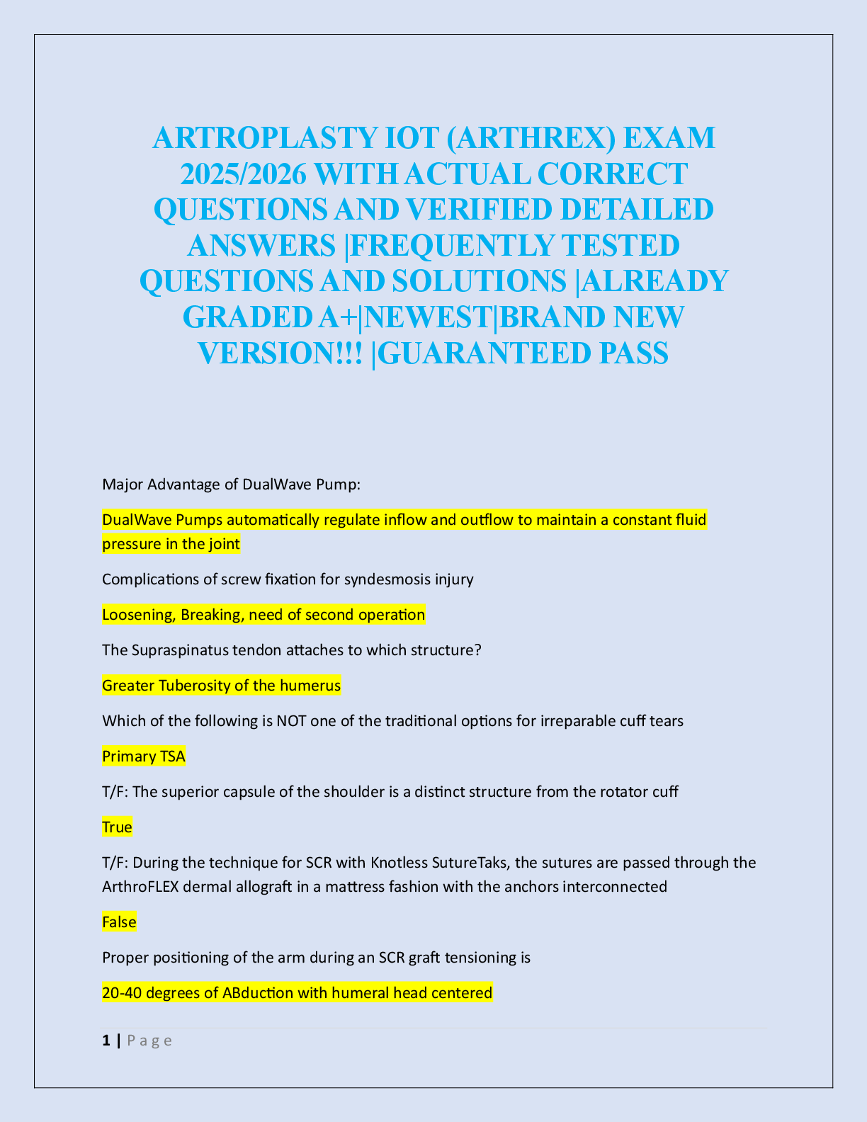 Preview image for ARTROPLASTY IOT (ARTHREX) EXAM  2025/2026