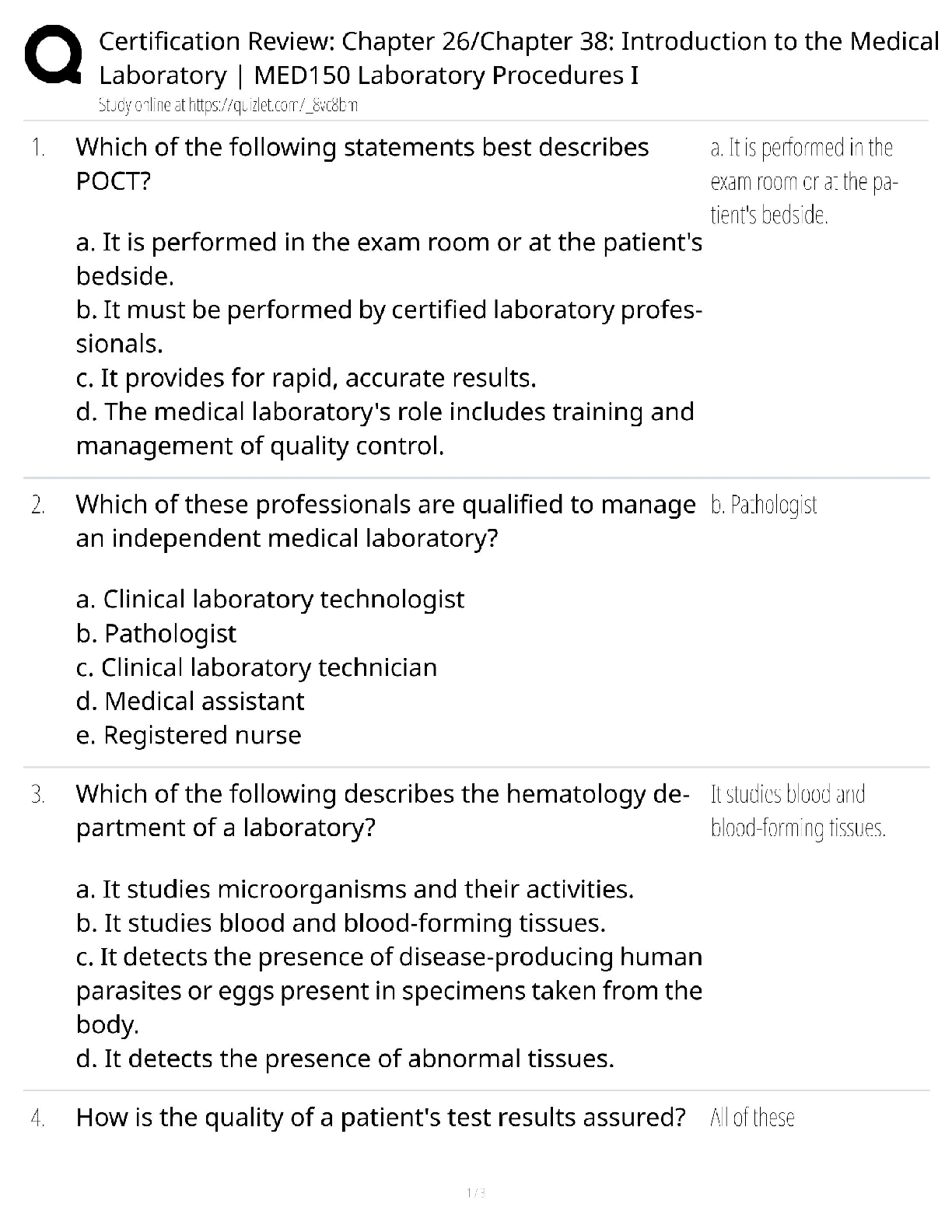 MED150 Lab Procedures I / Ch 26 & 38 Review / Certification Test Bank 2025 / Score 100%