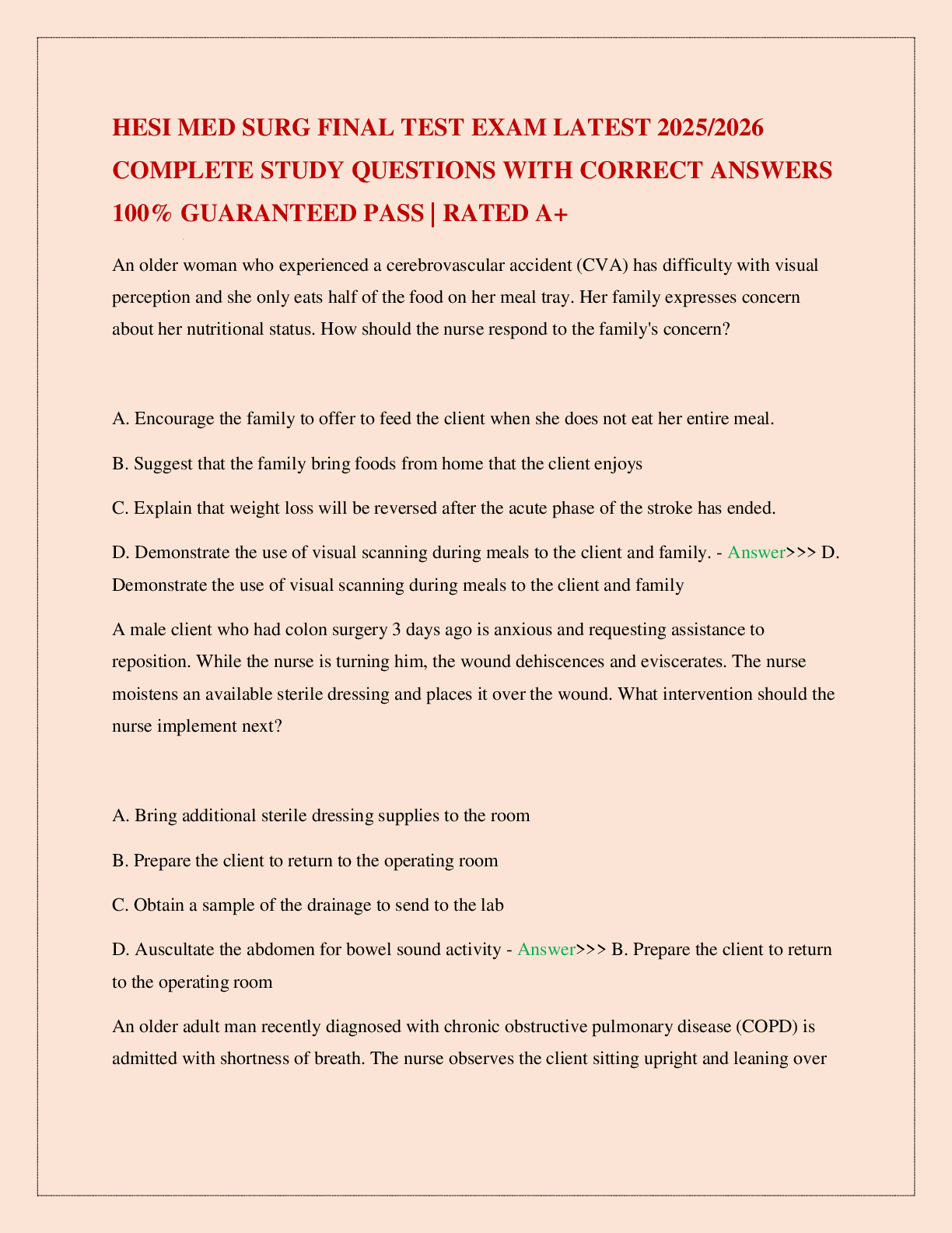 Preview of HESI MED SURG FINAL TEST EXAM LATEST 2025/2026 COMPLETE STUDY QUESTIONS WITH CORRECT ANSWERS 100% GUARANTEED PASS | RATED A+