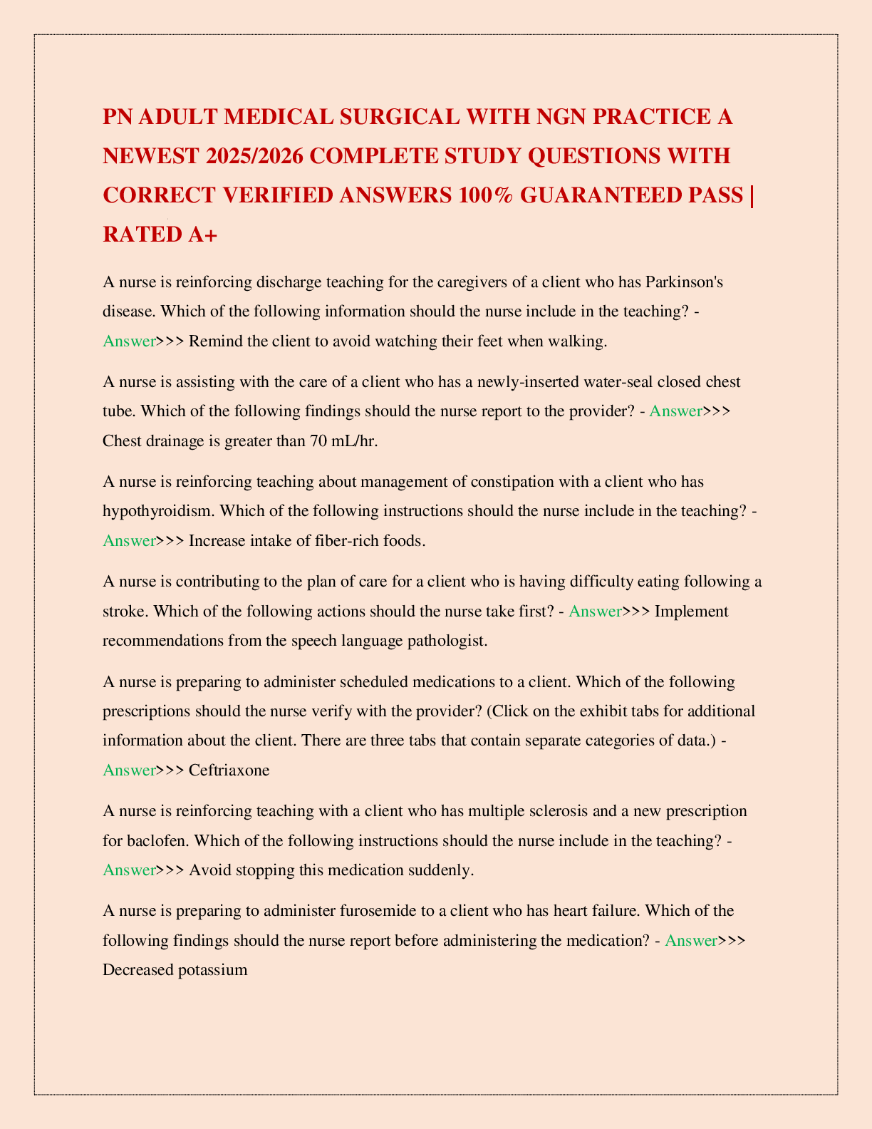 PN ADULT MEDICAL SURGICAL WITH NGN PRACTICE A NEWEST 2025/2026 COMPLETE STUDY QUESTIONS WITH CORRECT VERIFIED ANSWERS 100% GUARANTEED PASS | RATED A+
