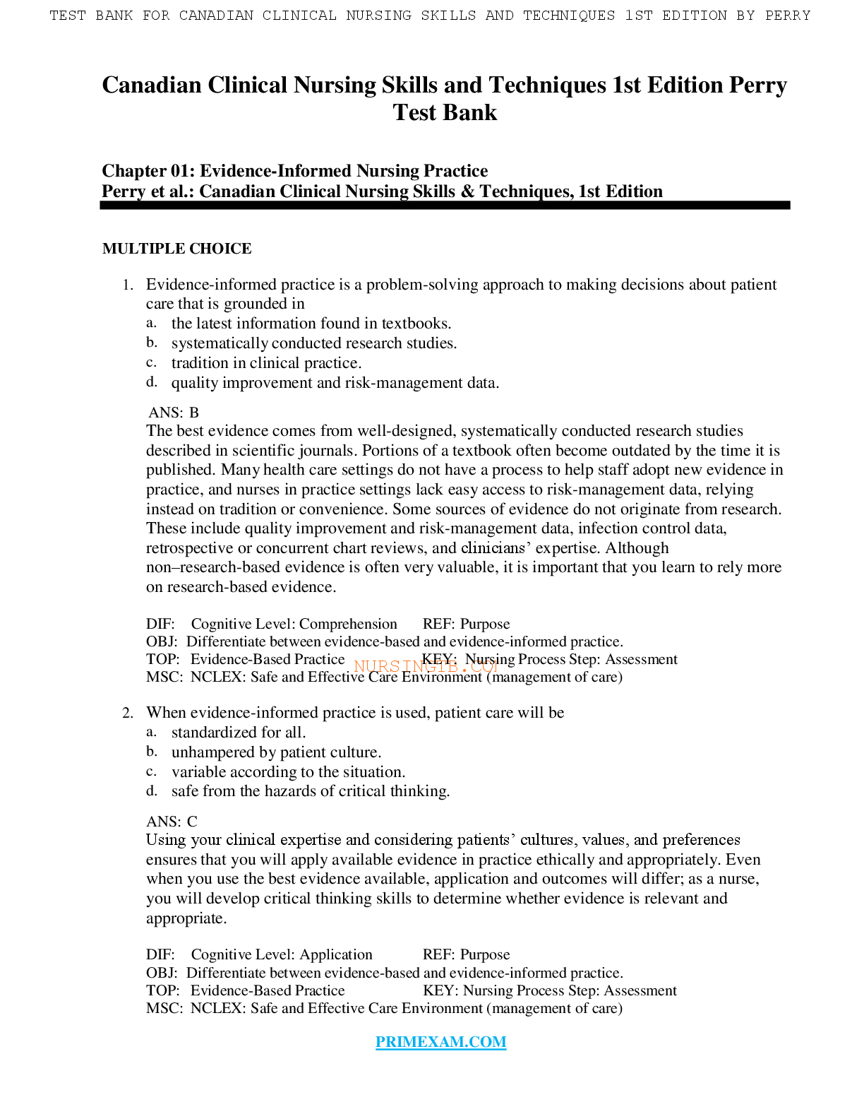 Preview image for Canadian Clinical Nursing Skills And Techniques 1st Edition By Perry TEST BANK