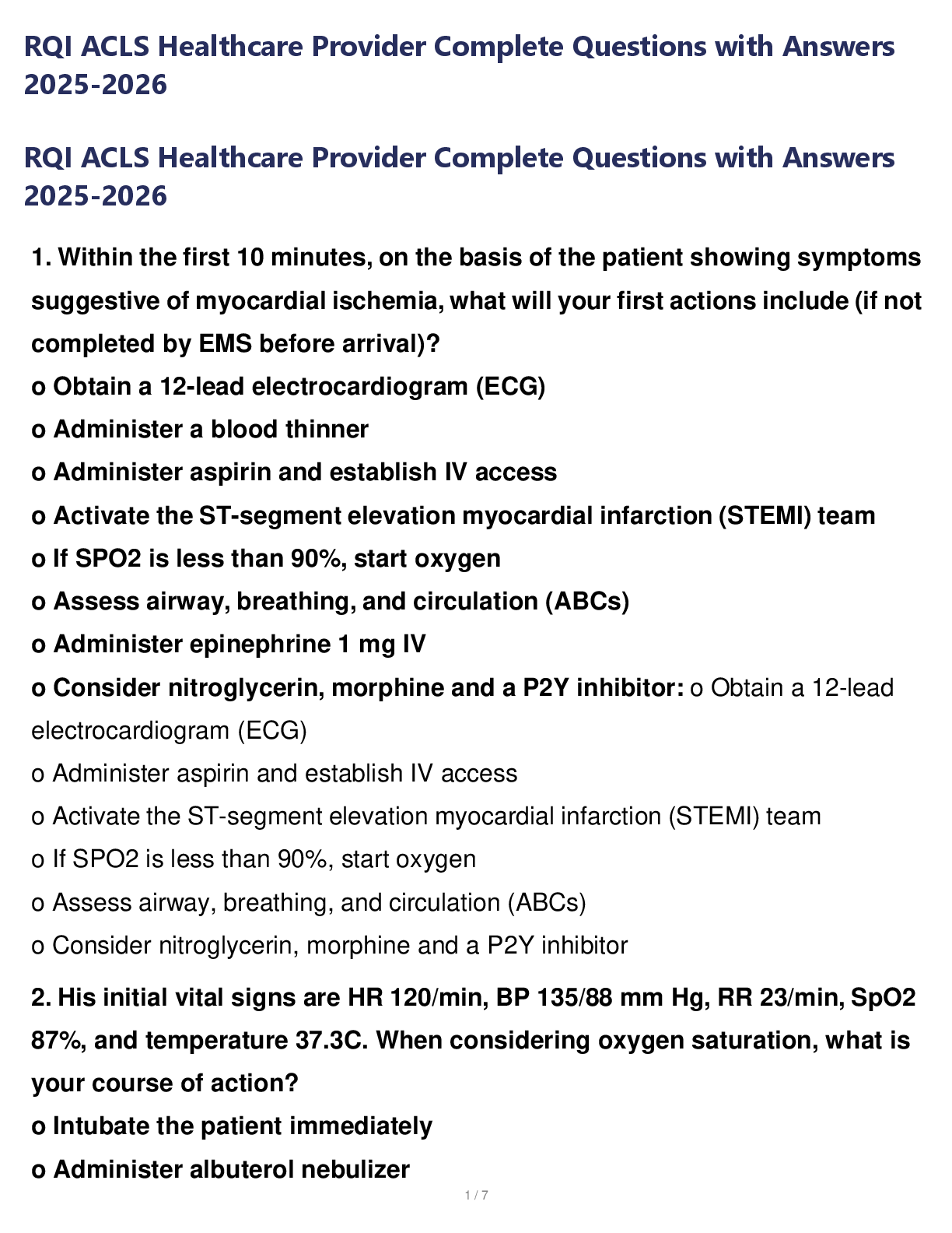 Preview image for RQI ACLS Healthcare Provider Complete Questions with Answers 2025-2026
