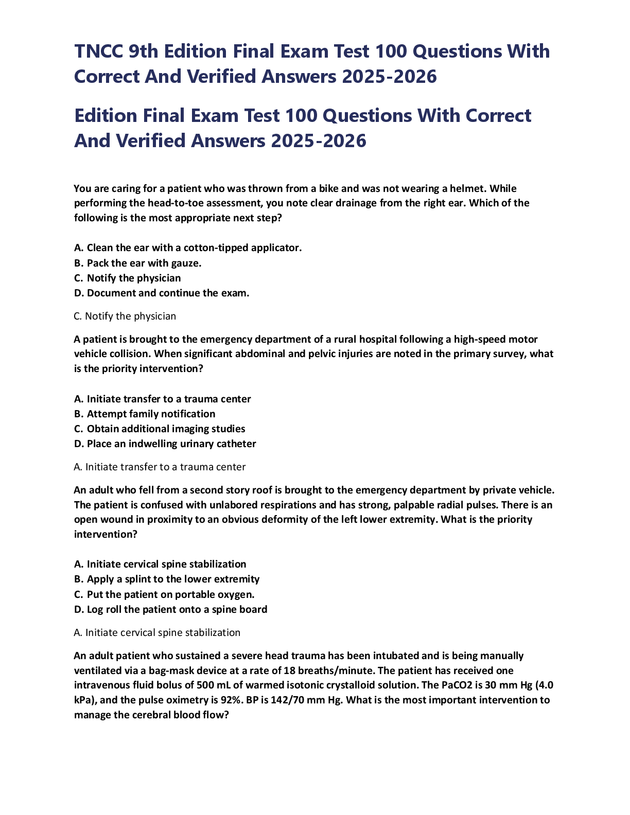 Preview image for TNCC 9th Edition Final Exam Test 100 Questions With Correct And Verified Answers 2025-2026