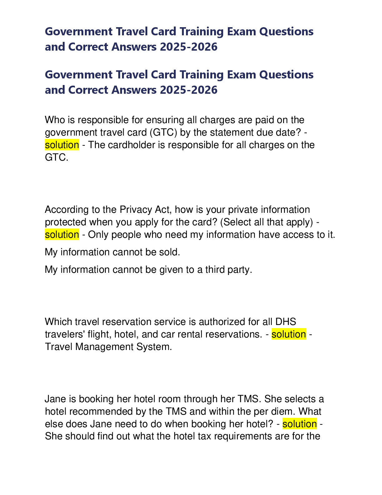 Preview image for Government Travel Card Training Exam Questions and Correct Answers 2025-2026