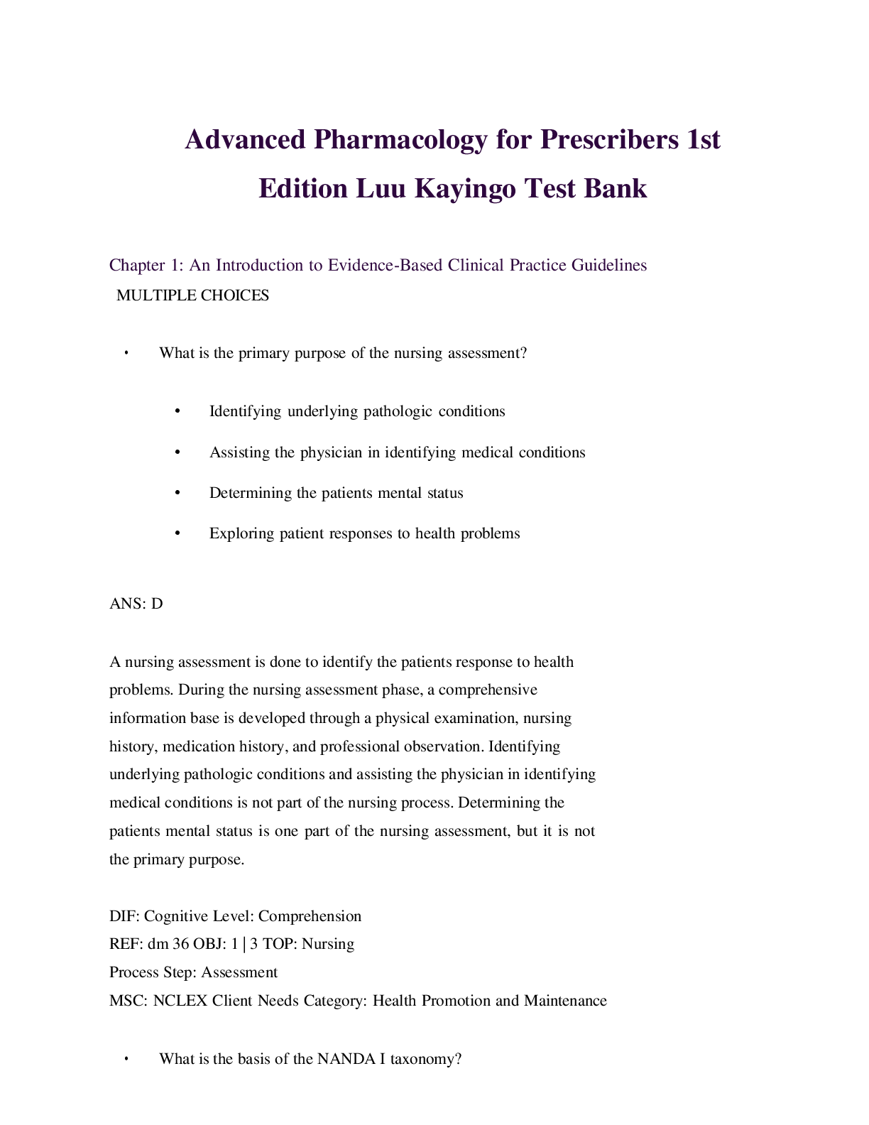 Preview of Advanced Pharmacology for Prescribers 1st  Edition Luu Kayingo Test Bank