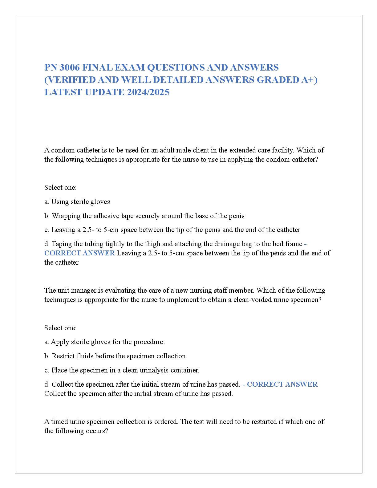 Preview image for PN 3006 FINAL EXAM QUESTIONS AND ANSWERS (VERIFIED AND WELL DETAILED ANSWERS GRADED A+) LATEST UPDATE 2024/2025