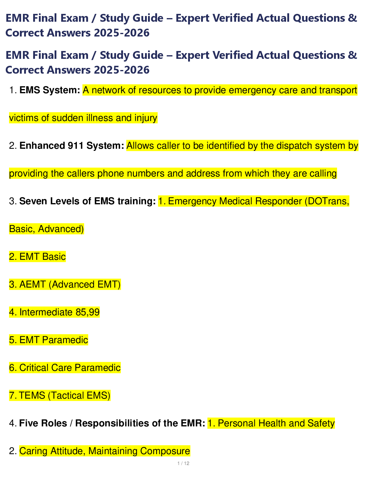 Preview image for EMR Final Exam Study Guide – Expert Verified Actual Questions & Correct Answers 2025-2026