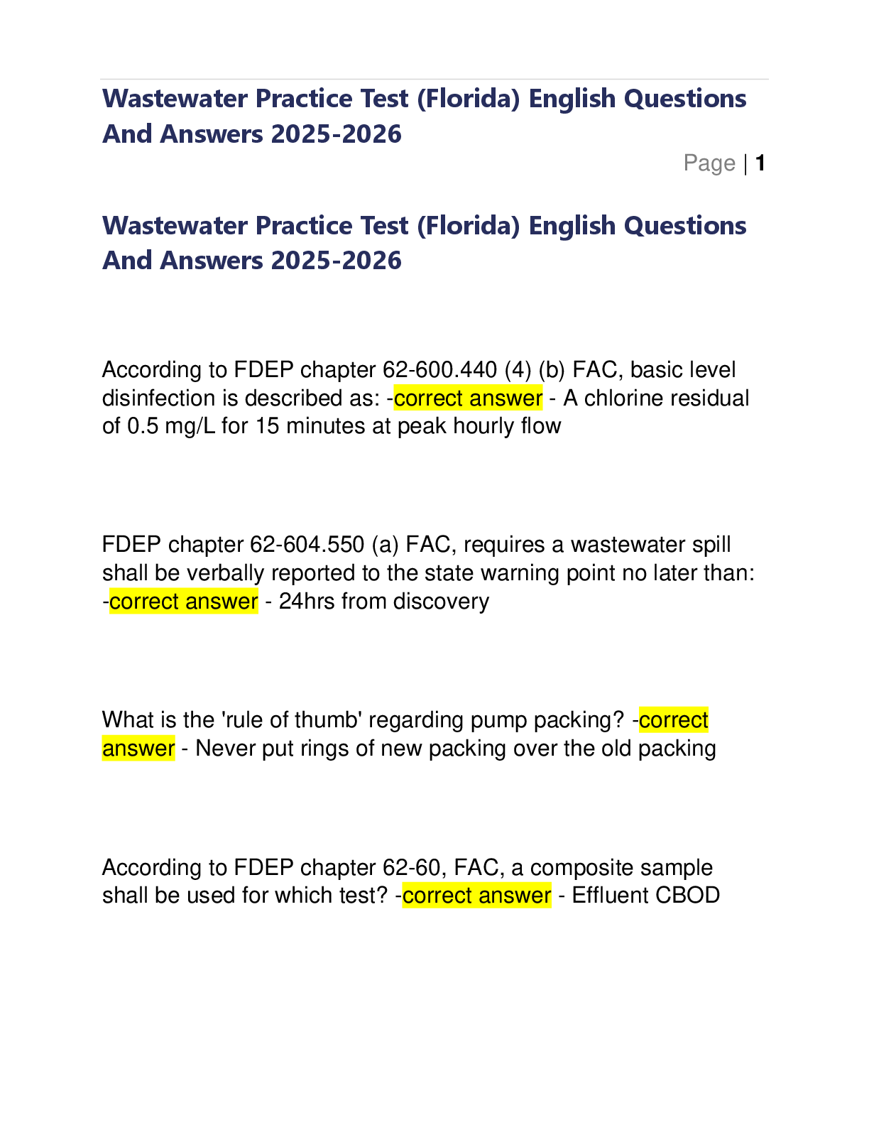 Preview image for Wastewater Practice Test (Florida) English Questions And Answers 2025-2026
