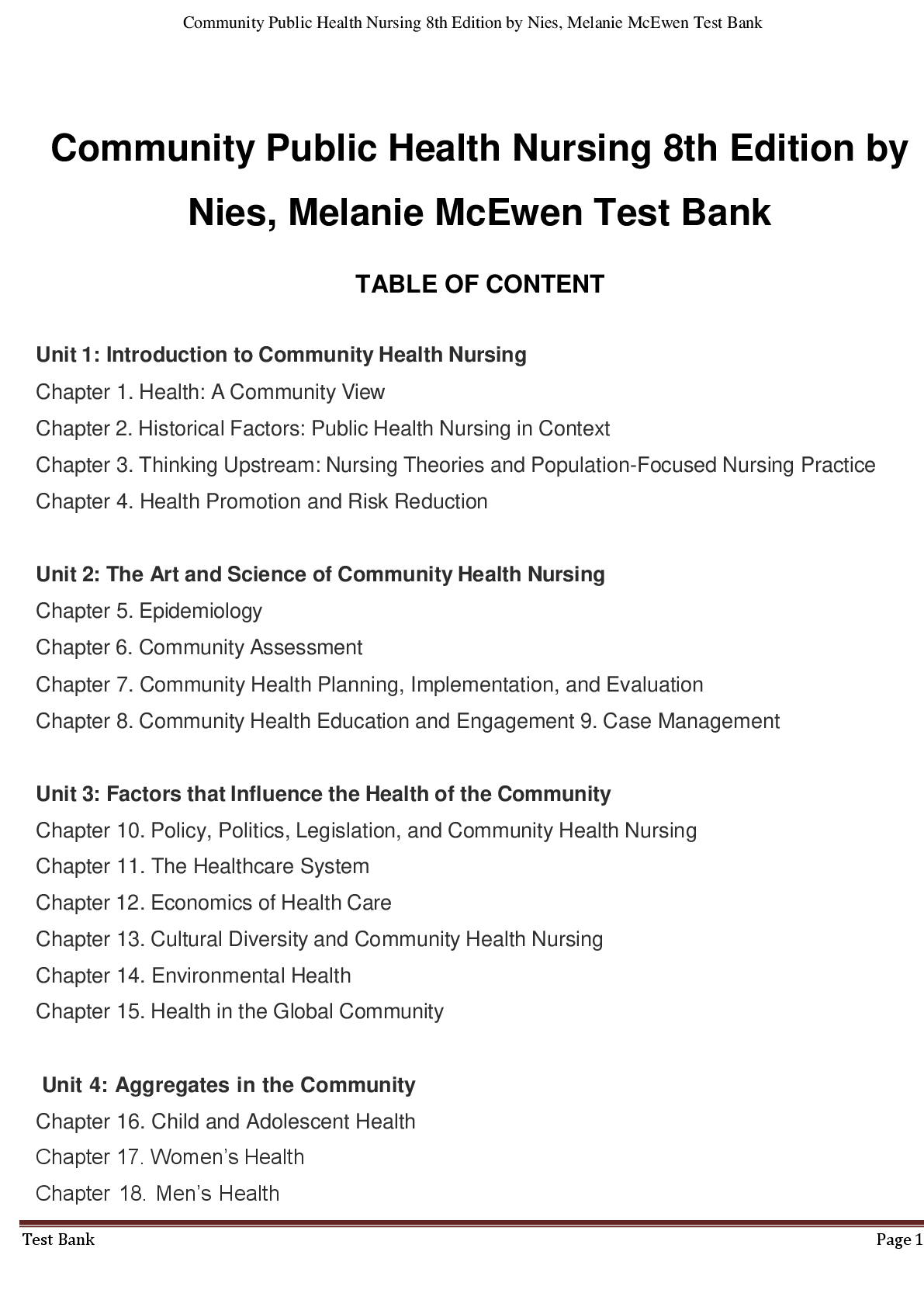Test Bank  for Community Public Health Nursing 8th Edition by  Nies, Melanie McEwen