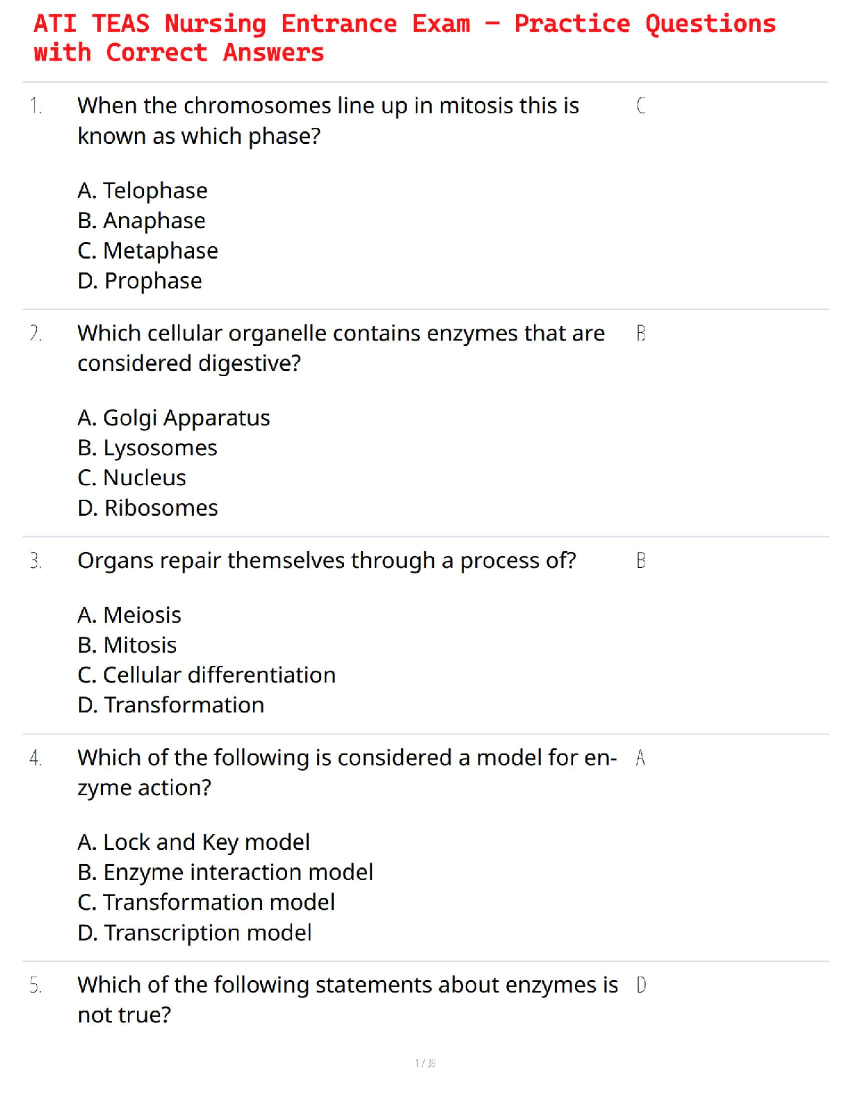 ATI TEAS Nursing Entrance Exam – Practice Questions with Correct Answers
