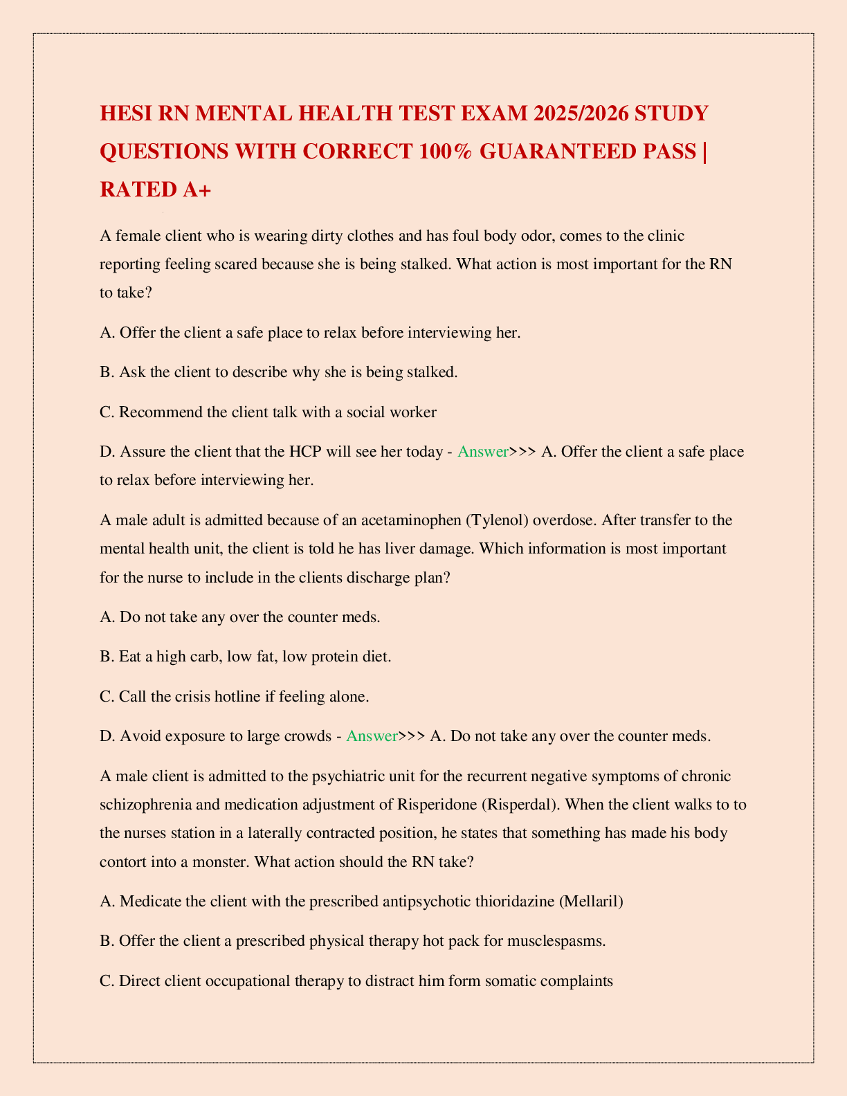 HESI RN MENTAL HEALTH TEST EXAM 2025/2026 STUDY QUESTIONS WITH CORRECT 100% GUARANTEED PASS | RATED A+