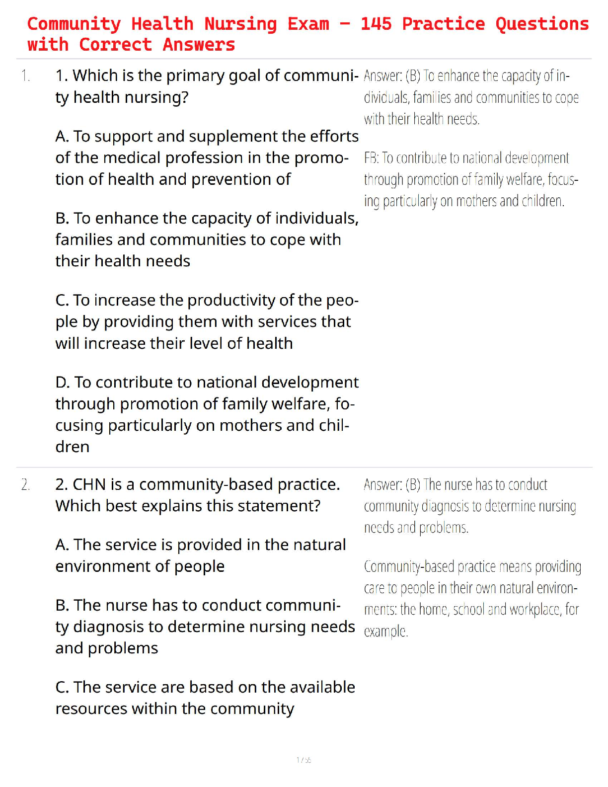 Community Health Nursing Exam – 145 Practice Questions with Correct Answers