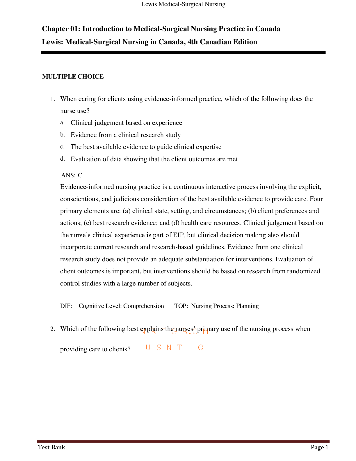 Preview image for Test bank for Lewis: Medical-Surgical Nursing in Canada, 4th Canadian Edition