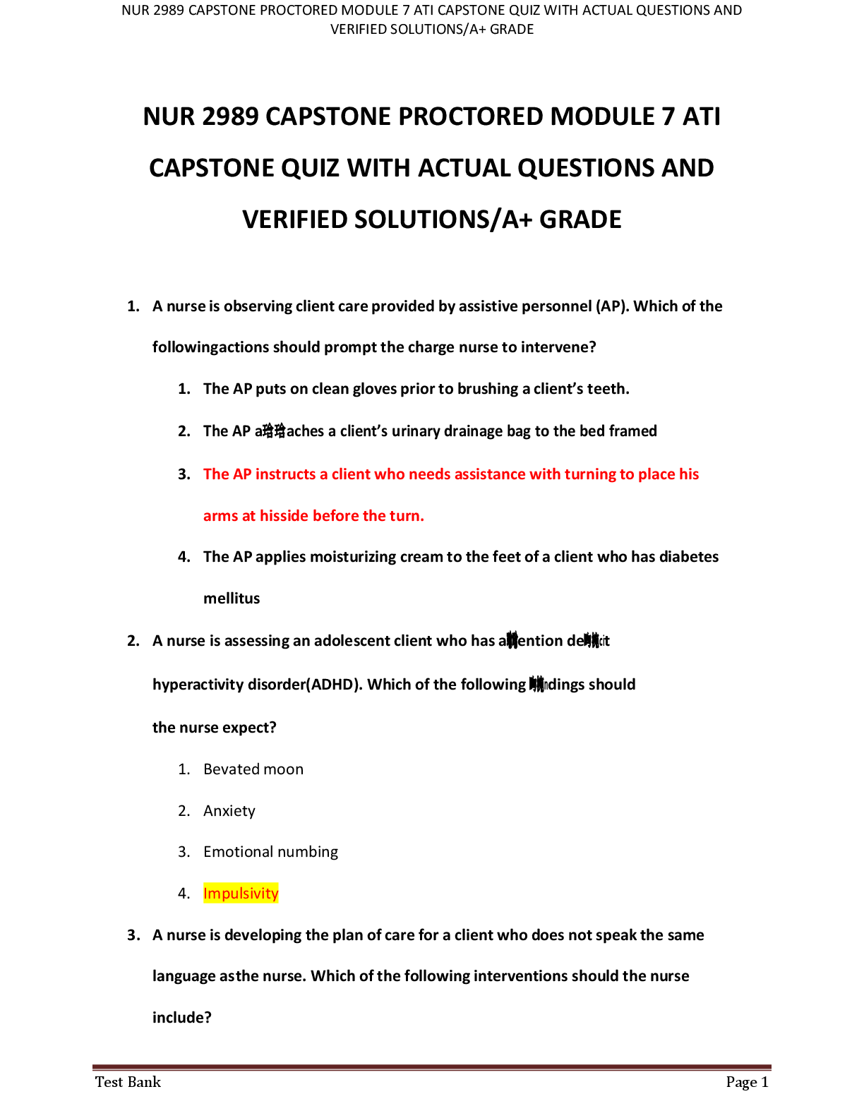 Preview image for NUR 2989 CAPSTONE PROCTORED MODULE 7 ATI  CAPSTONE QUIZ WITH ACTUAL QUESTIONS AND  VERIFIED SOLUTIONS/A+ GRADE