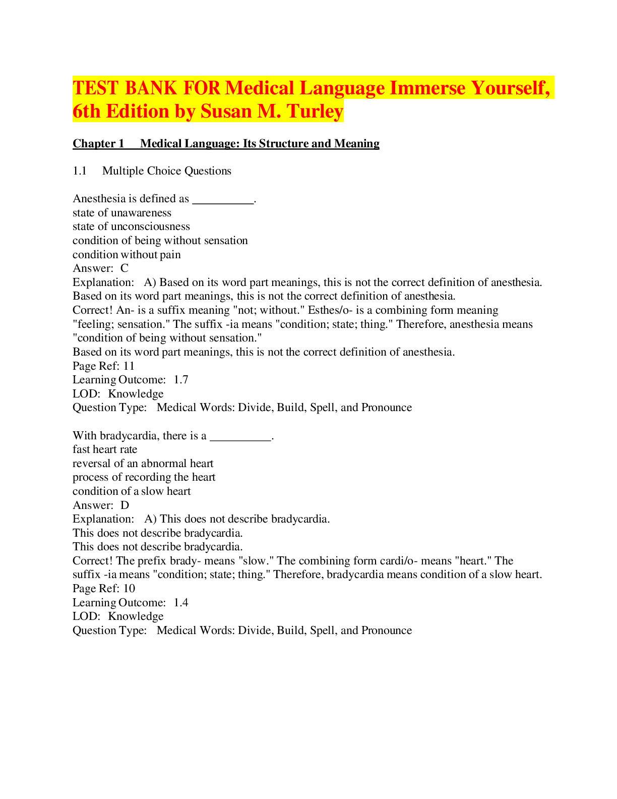 Preview image for TEST BANK FOR Medical Language Immerse Yourself,  6th Edition by Susan M. Turley A+ Latest