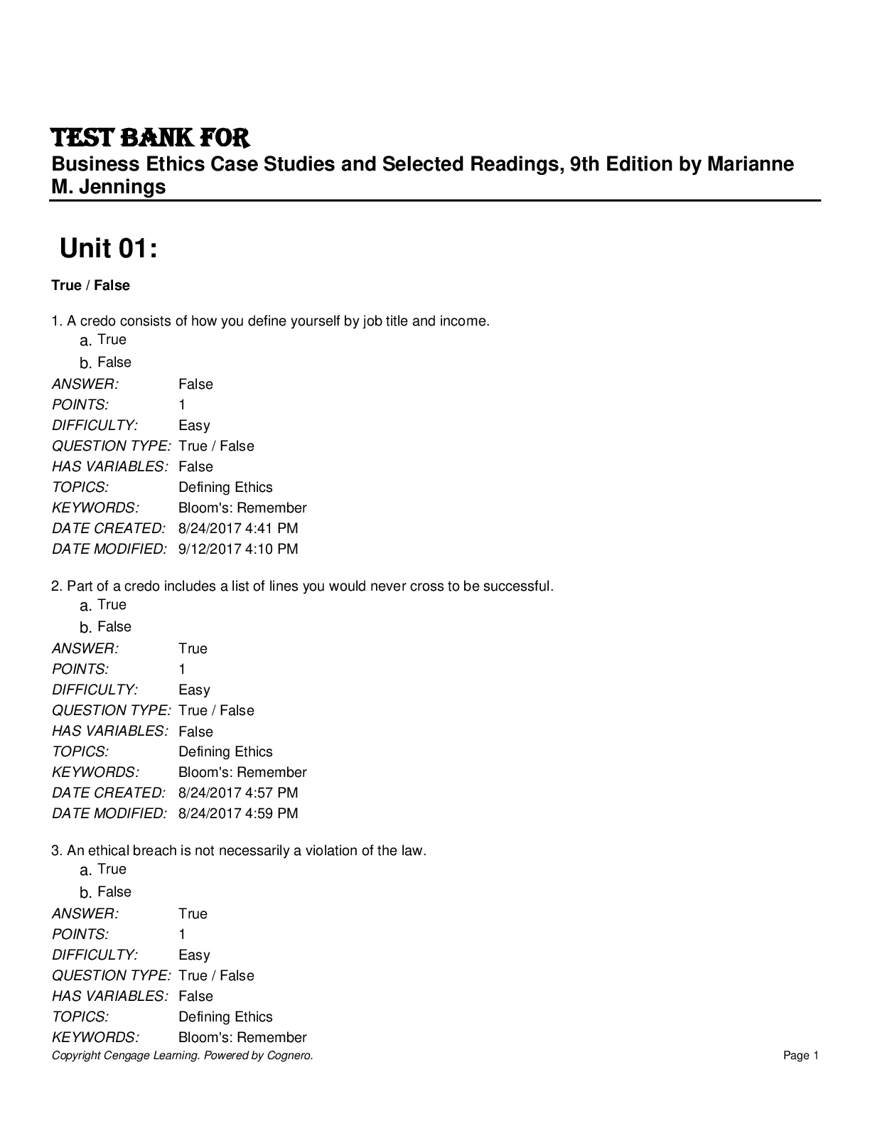 Preview image for Test Bank for Business Ethics Case Studies and Selected Readings, 9th Edition by Marianne M. Jennings A+