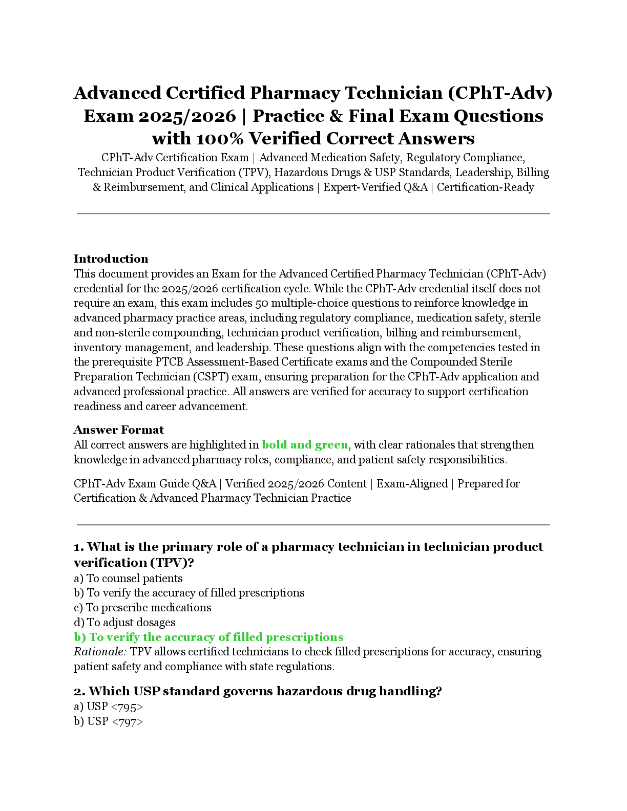 Preview image for Advanced Certified Pharmacy Technician (CPhT-Adv) Exam 2025/2026 – Practice & Final Exam Questions with 100% Verified Correct Answers