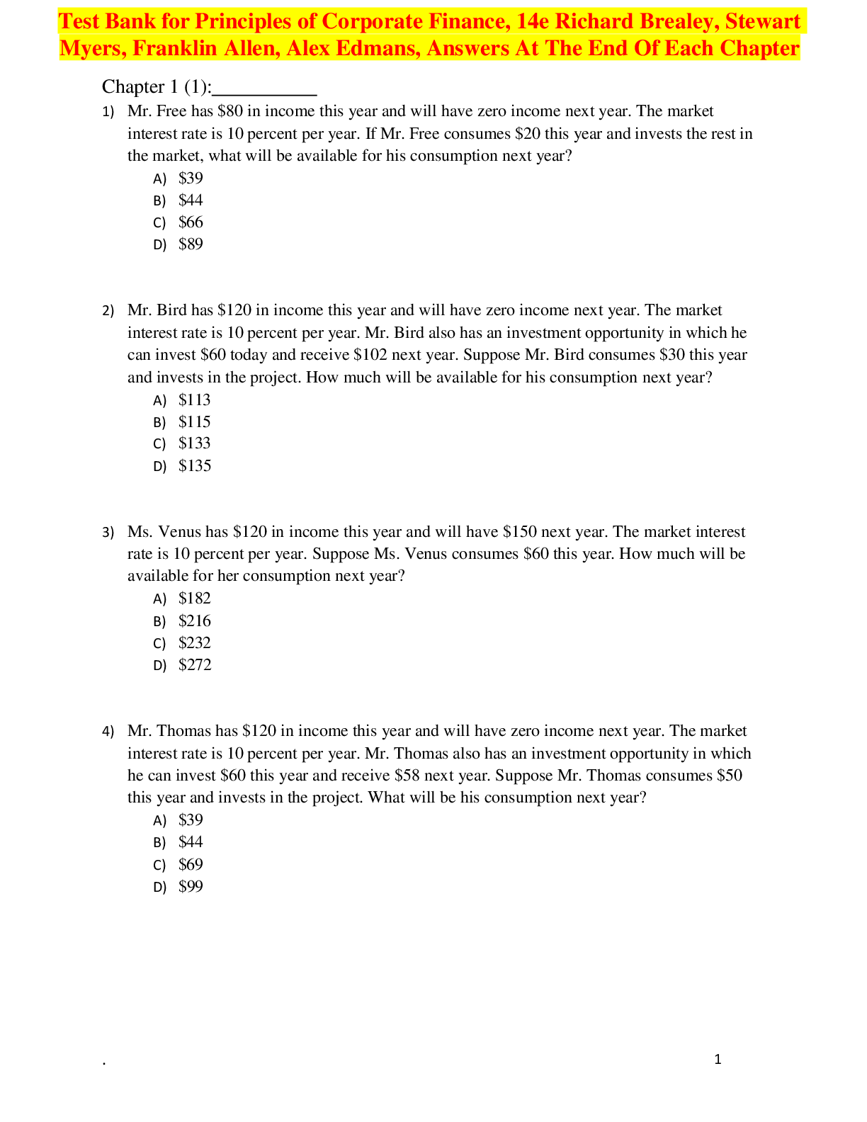 Preview image for Test Bank for Principles of Corporate Finance, 14e Richard Brealey, Stewart Myers, Franklin Allen, Alex Edmans, Answers At The End Of Each Chapter A+ 2025