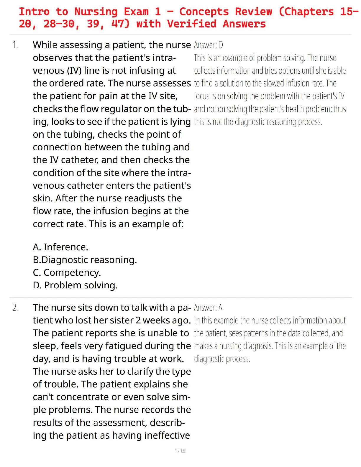 Intro to Nursing Exam 1 – Concepts Review (Chapters 15-20, 28-30, 39, 47) with Verified Answers