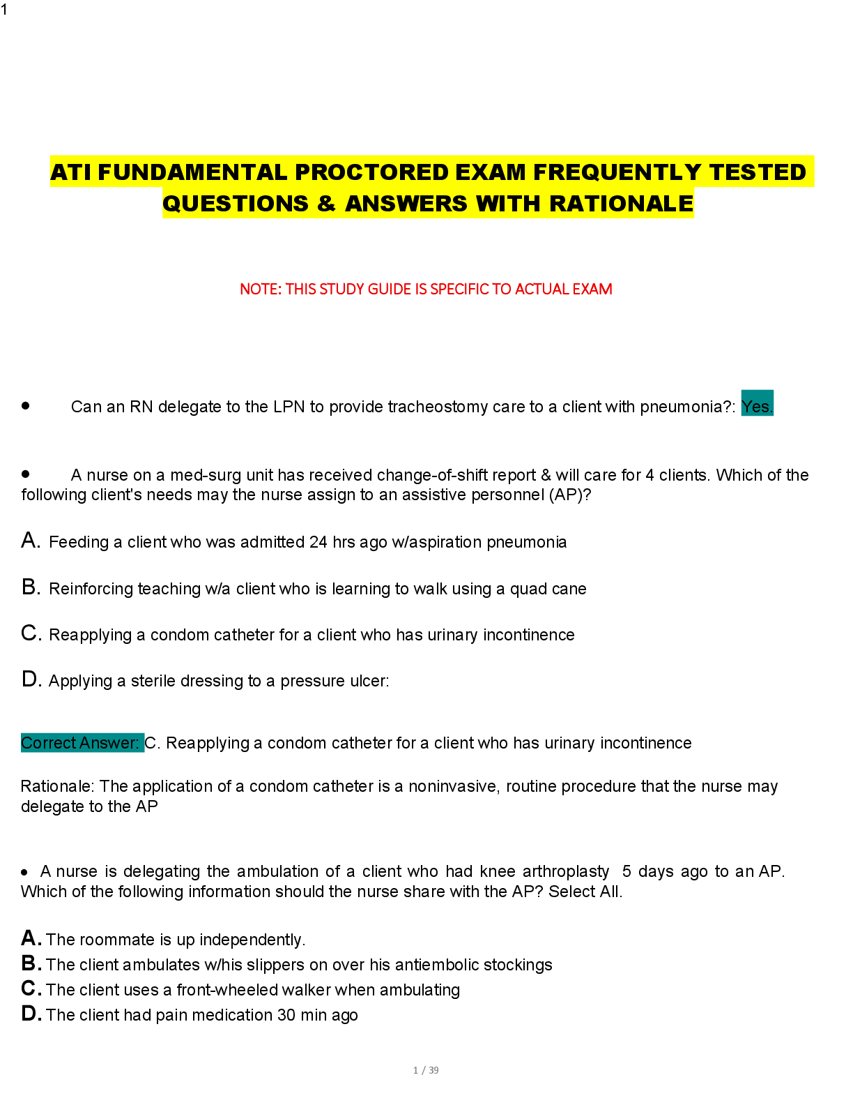 Preview image for ATI FUNDAMENTAL PROCTORED EXAM FREQUENTLY TESTED  QUESTIONS & ANSWERS WITH RATIONALE