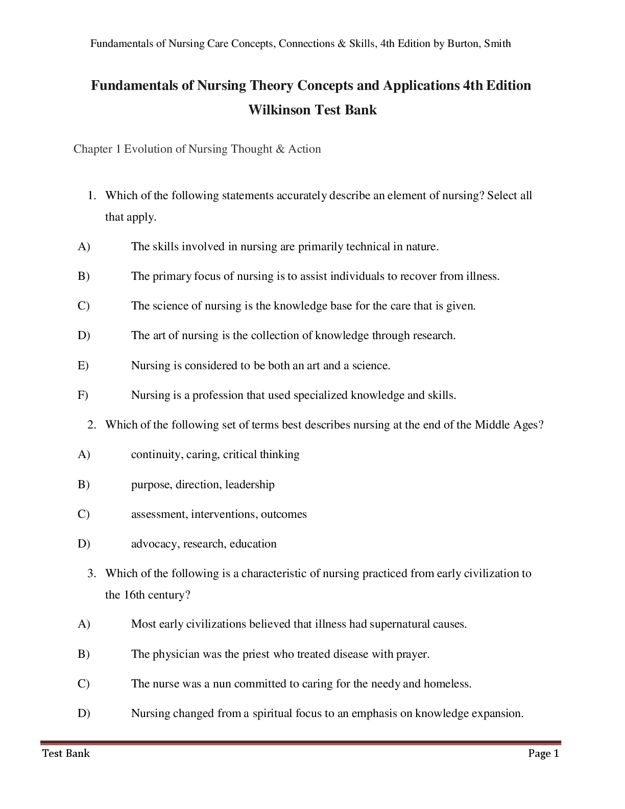 Test Bank  Fundamentals of Nursing Theory Concepts and Applications 4th Edition  Wilkinson