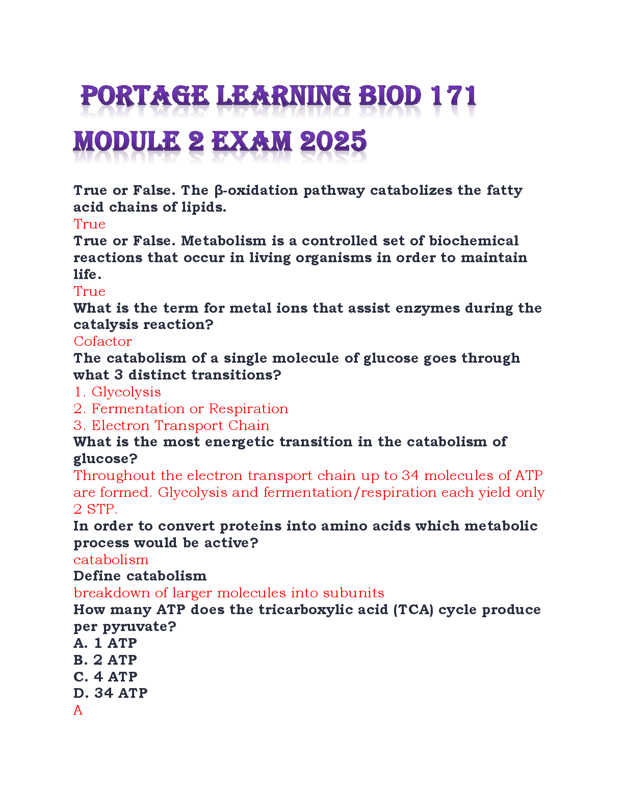 Preview image for PORTAGE LEARNING BIOD 171 MODULE 2 EXAM 2025