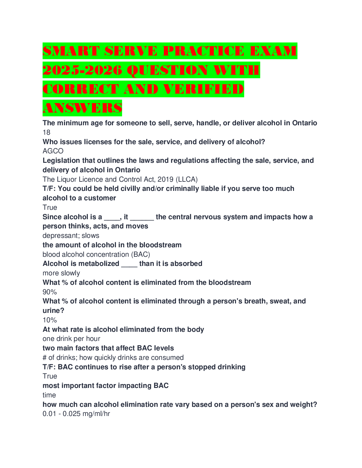 Preview image for SMART SERVE PRACTICE EXAM 2025-2026 QUESTION WITH CORRECT AND VERIFIED ANSWERS