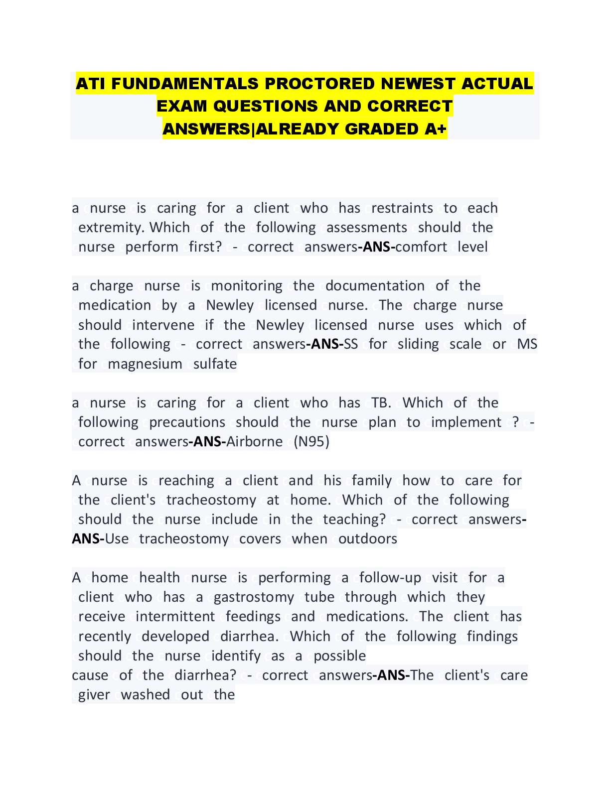 Preview image for ATI FUNDAMENTALS PROCTORED NEWEST ACTUAL  EXAM QUESTIONS AND CORRECT  ANSWERS|ALREADY GRADED A+
