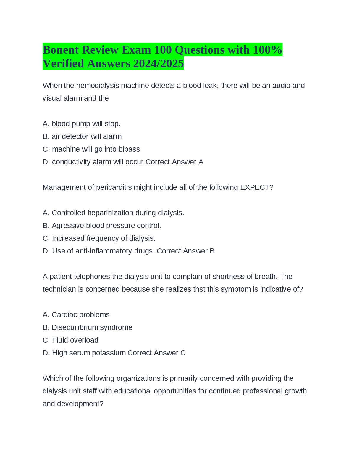 Preview image for Bonent Review Exam 100 Questions with 100% Verified Answers 2024-2025