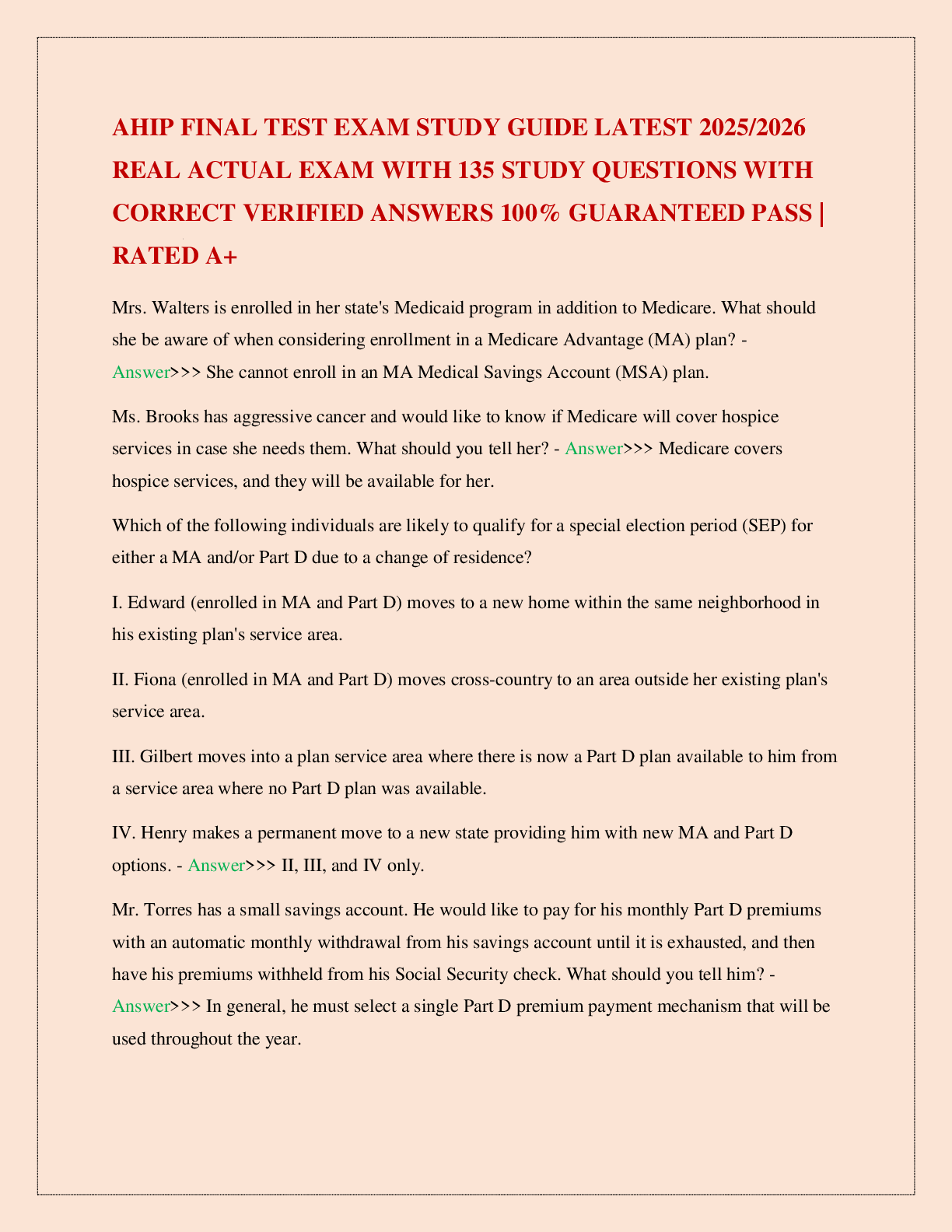 AHIP FINAL TEST EXAM STUDY GUIDE LATEST 2025/2026 REAL ACTUAL EXAM WITH 135 STUDY QUESTIONS WITH CORRECT VERIFIED ANSWERS 100% GUARANTEED PASS | RATED A+