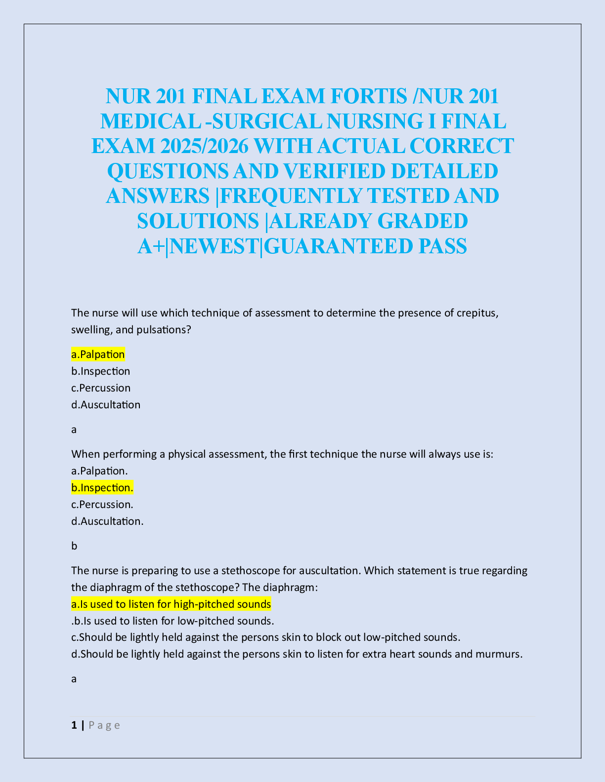 Preview of NUR 201 FINAL EXAM FORTIS /NUR 201  MEDICAL -SURGICAL NURSING I FINAL  EXAM