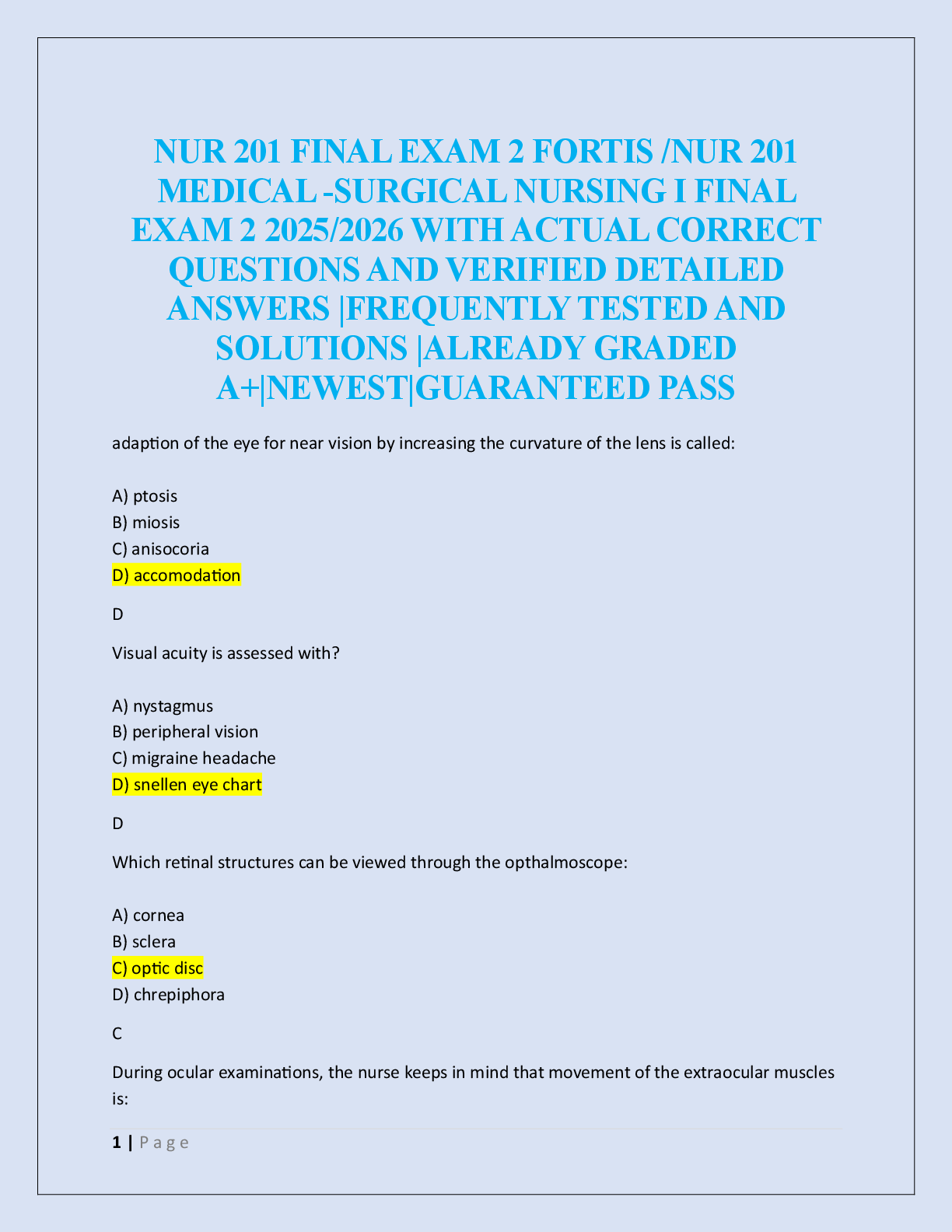 NUR 201 FINAL EXAM 2 FORTIS /NUR 201  MEDICAL -SURGICAL NURSING I FINAL  EXAM 2