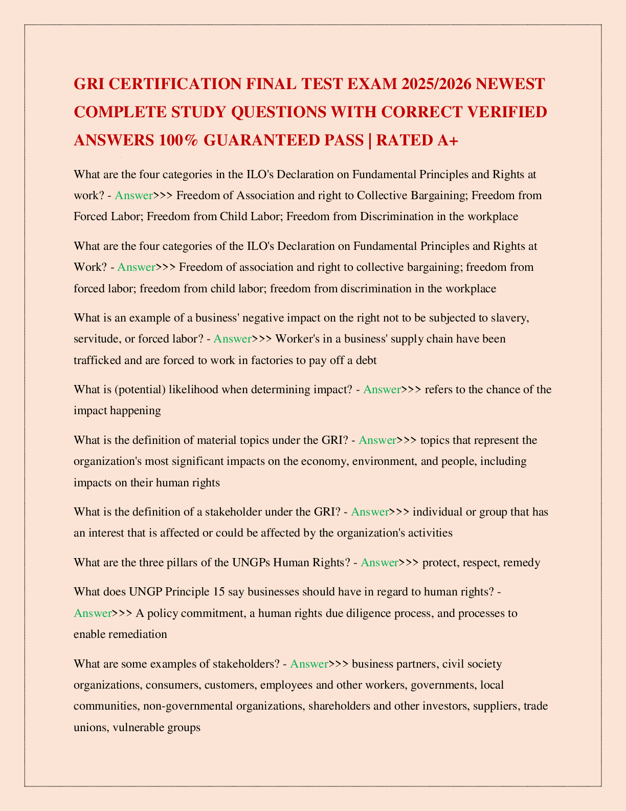 GRI CERTIFICATION FINAL TEST EXAM 2025/2026 NEWEST COMPLETE STUDY QUESTIONS WITH CORRECT VERIFIED ANSWERS 100% GUARANTEED PASS | RATED A+