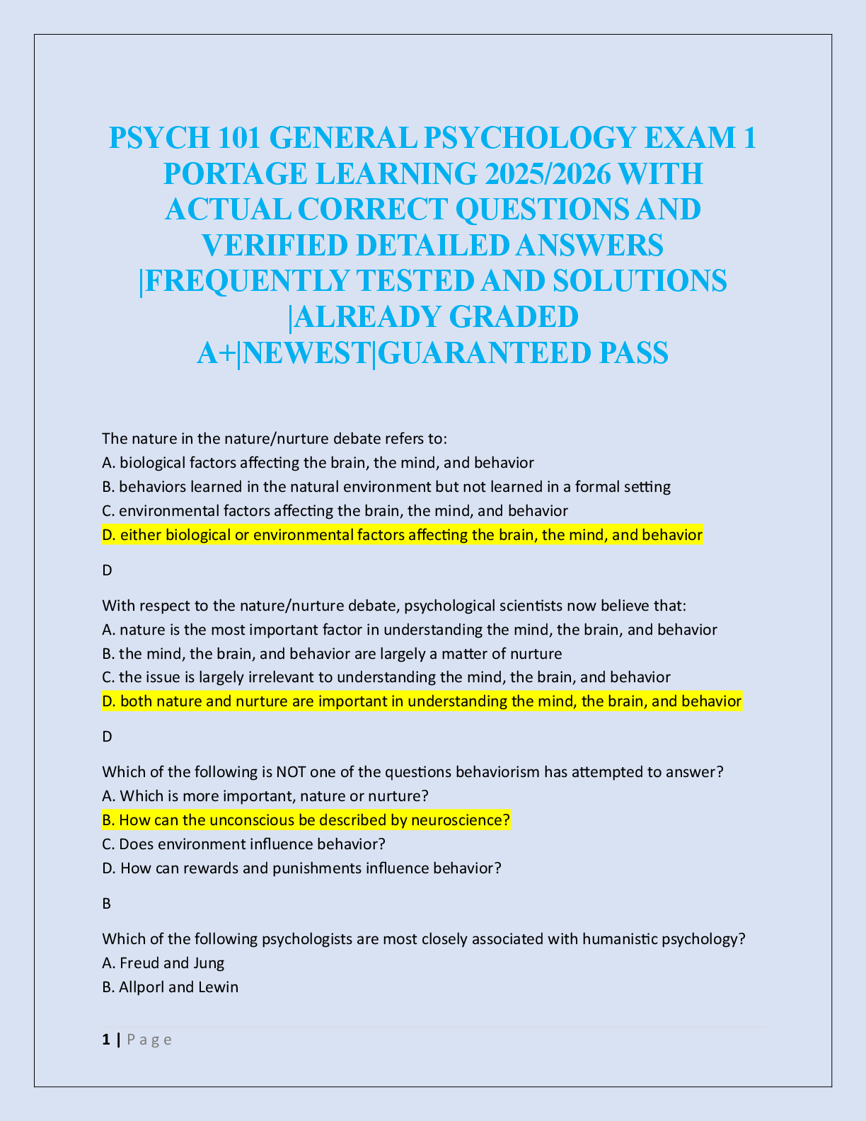 PSYCH 101 GENERAL PSYCHOLOGY EXAM 1  PORTAGE LEARNING  