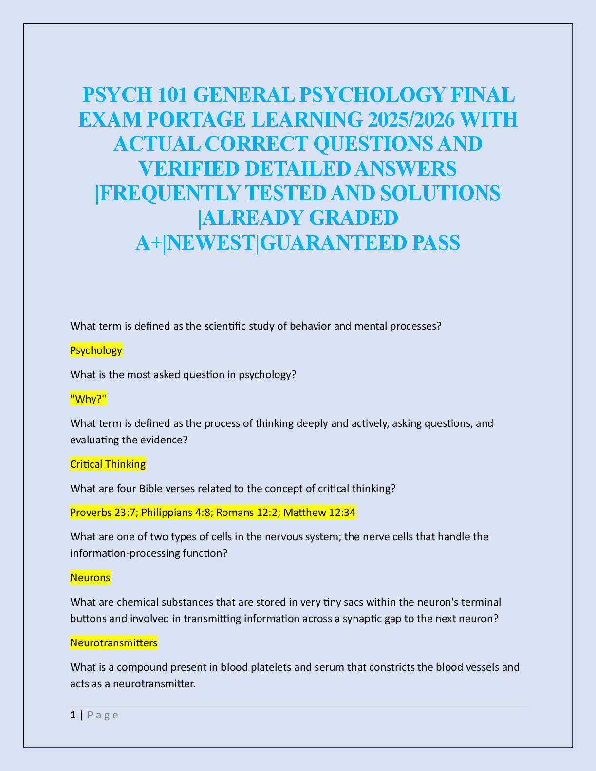 PSYCH 101 GENERAL PSYCHOLOGY FINAL  EXAM PORTAGE LEARNING  