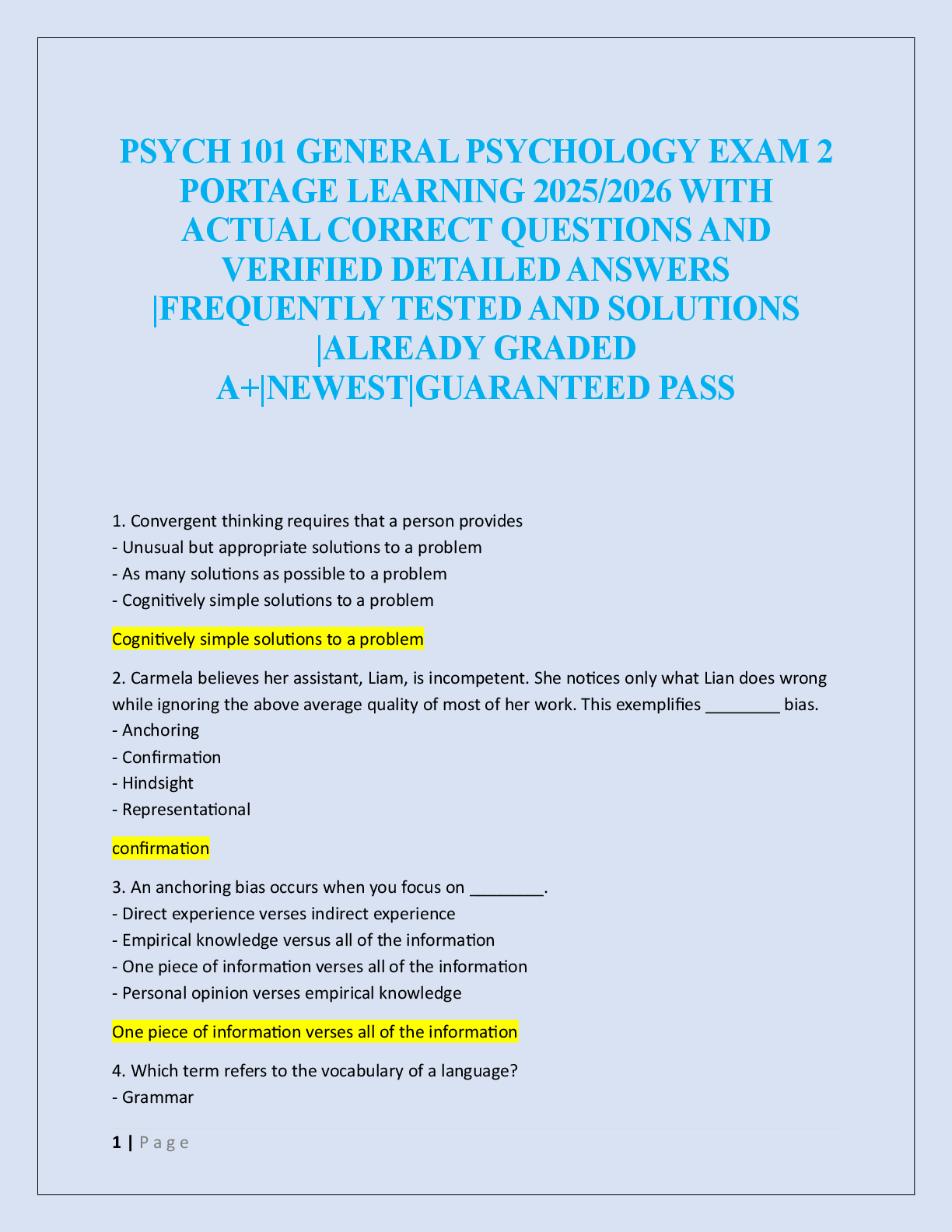 PSYCH 101 GENERAL PSYCHOLOGY EXAM 2  PORTAGE LEARNING  