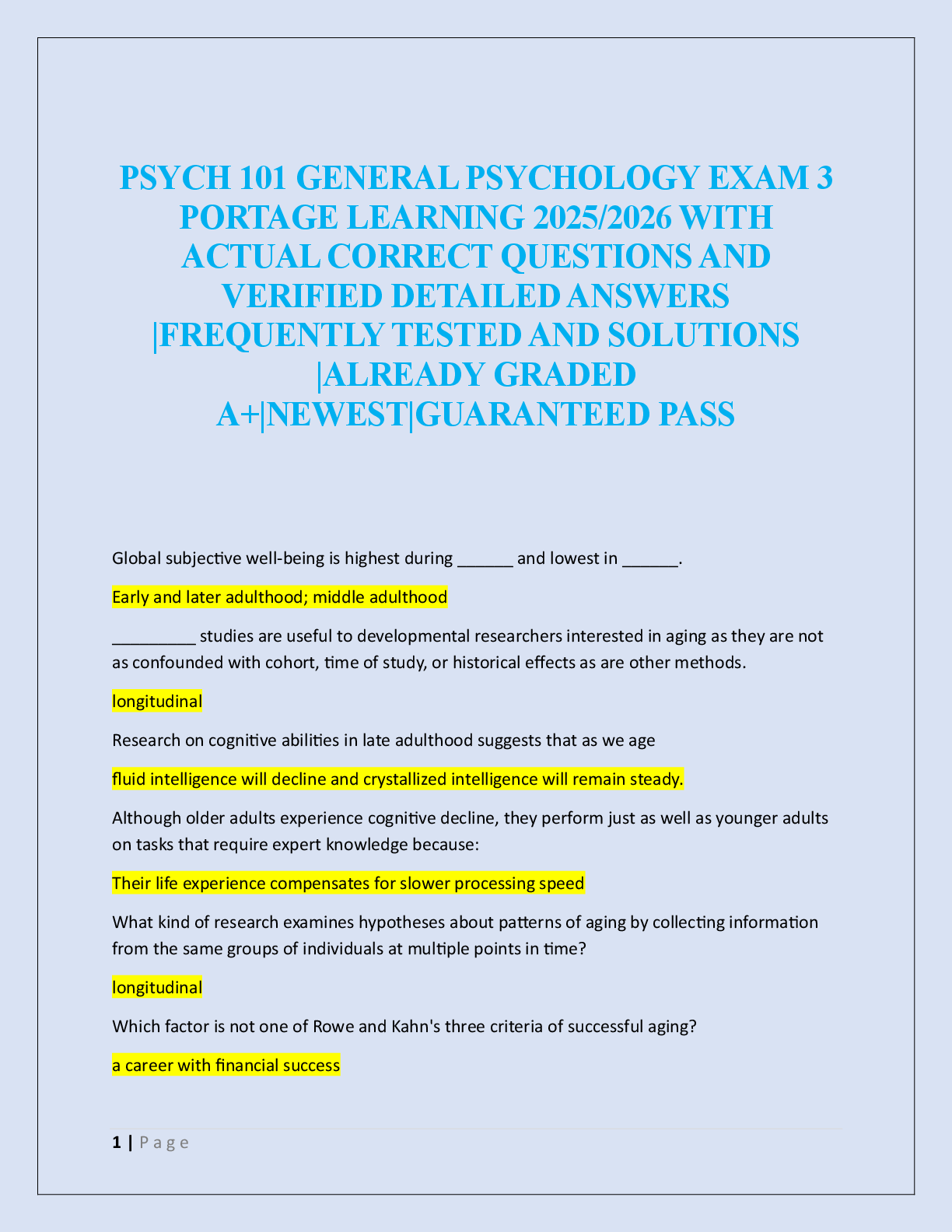 PSYCH 101 GENERAL PSYCHOLOGY EXAM 3  PORTAGE LEARNING  